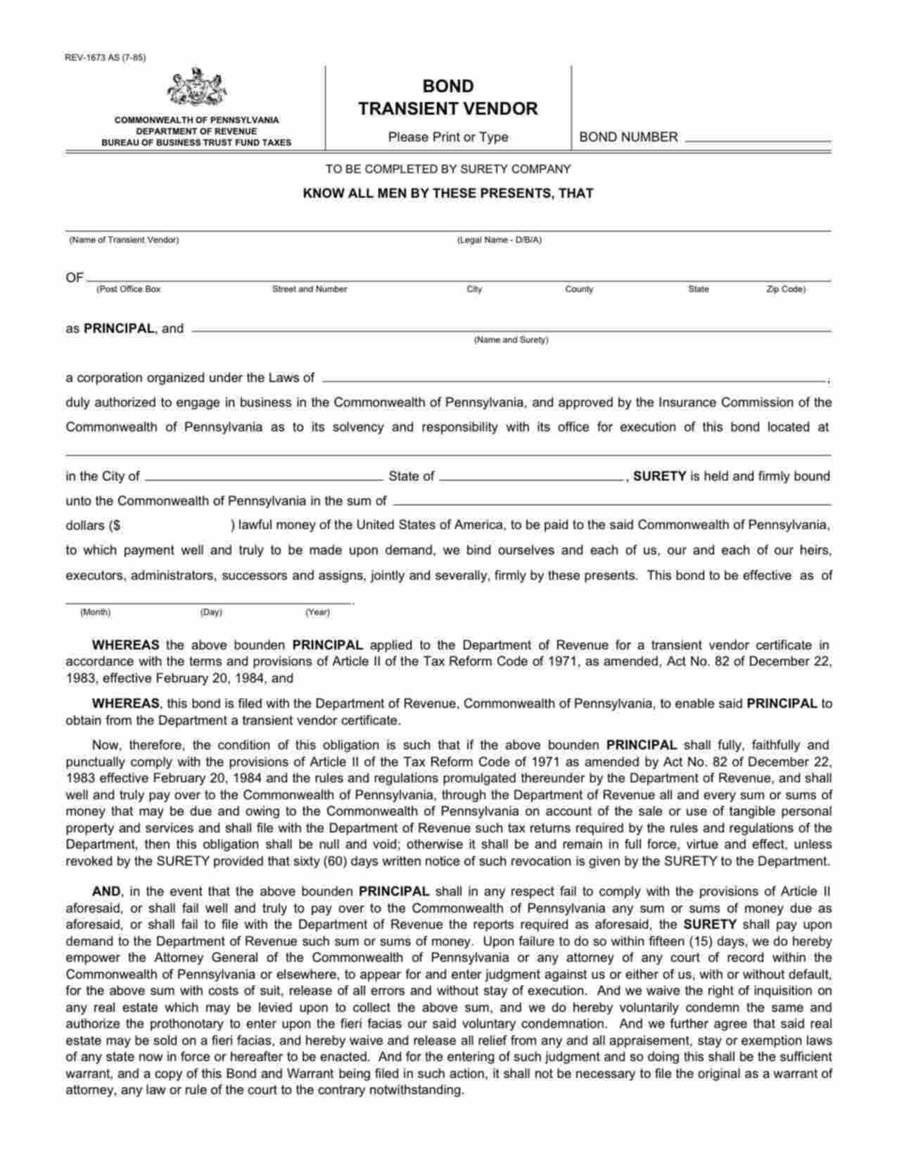 Pennsylvania Transient Vendor Bond Form