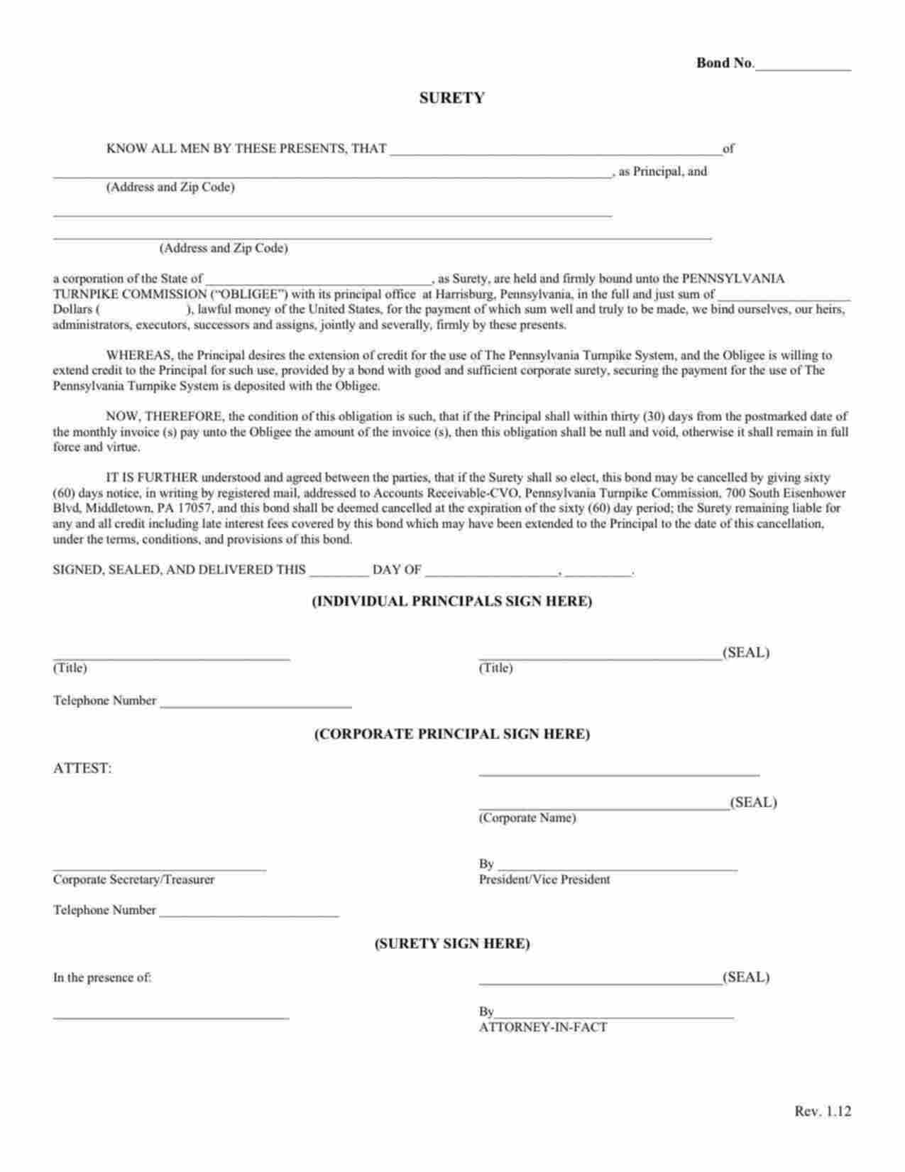 Pennsylvania Turnpike Toll Bond Form