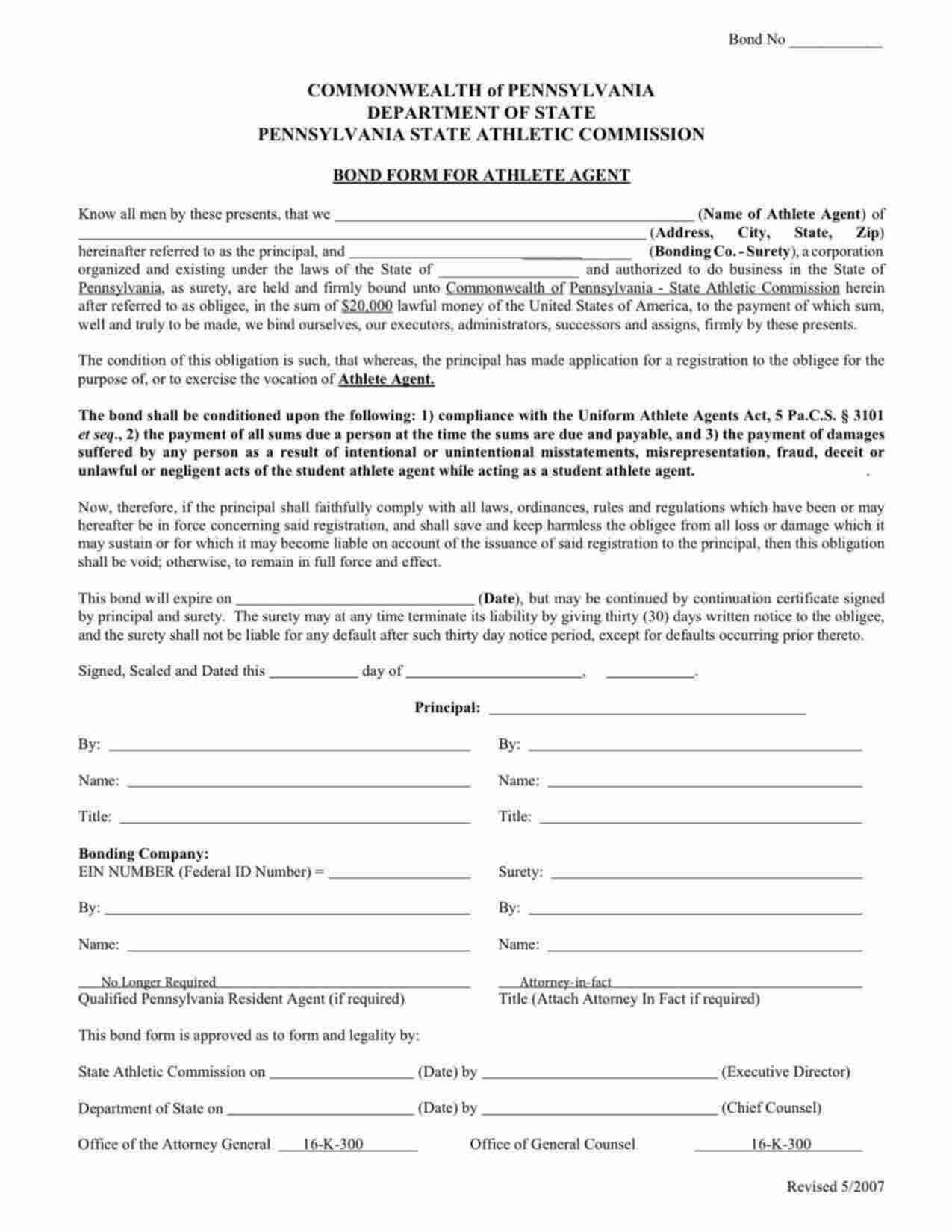 Pennsylvania Athlete Agent Bond Form