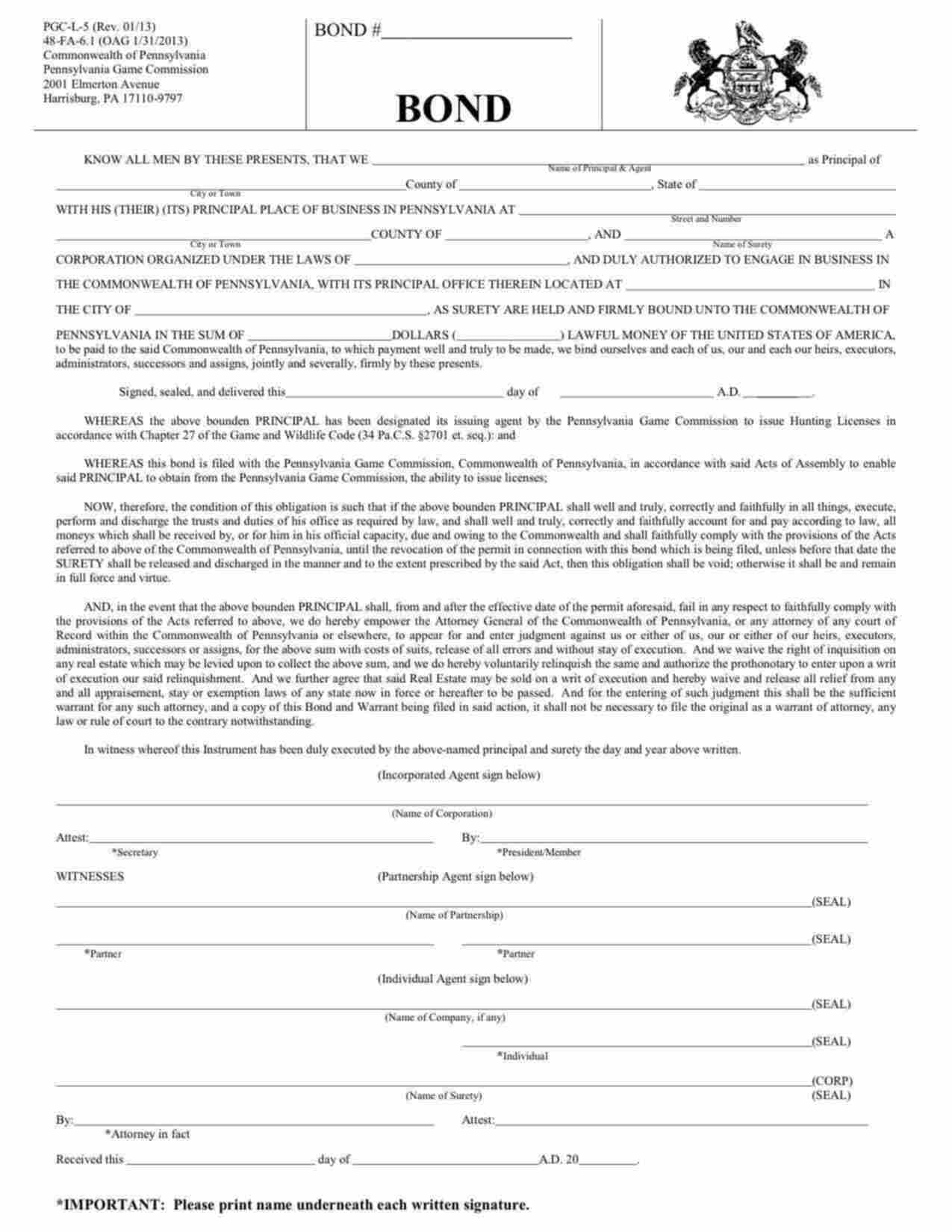 Pennsylvania Hunting License Agent Bond Form