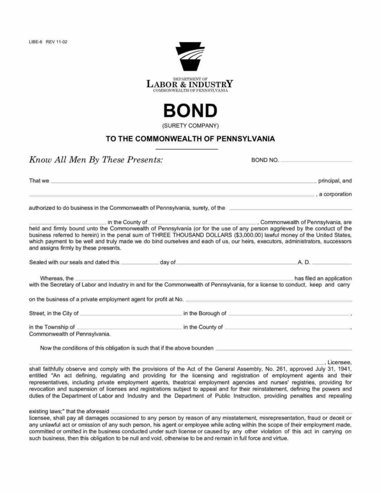 Pennsylvania Private Employment Agent Bond Form