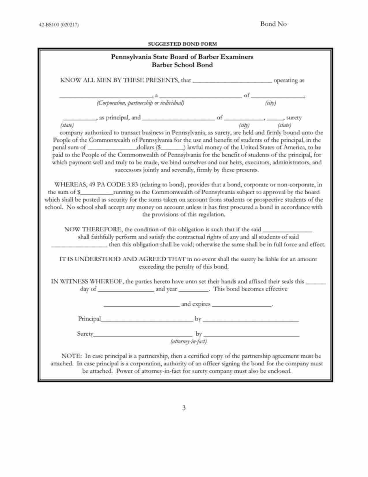 Pennsylvania Barber School Bond Form