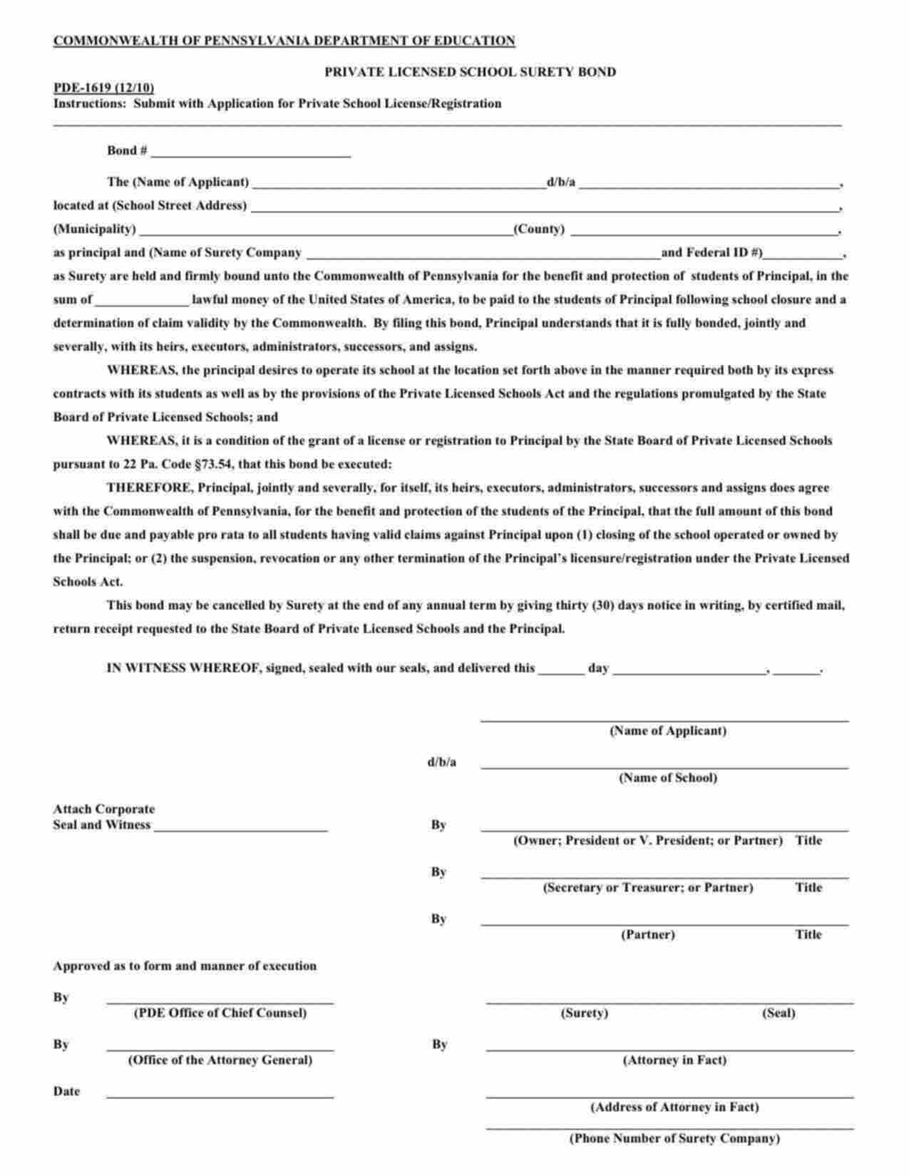 Pennsylvania Private Licensed School Bond Form