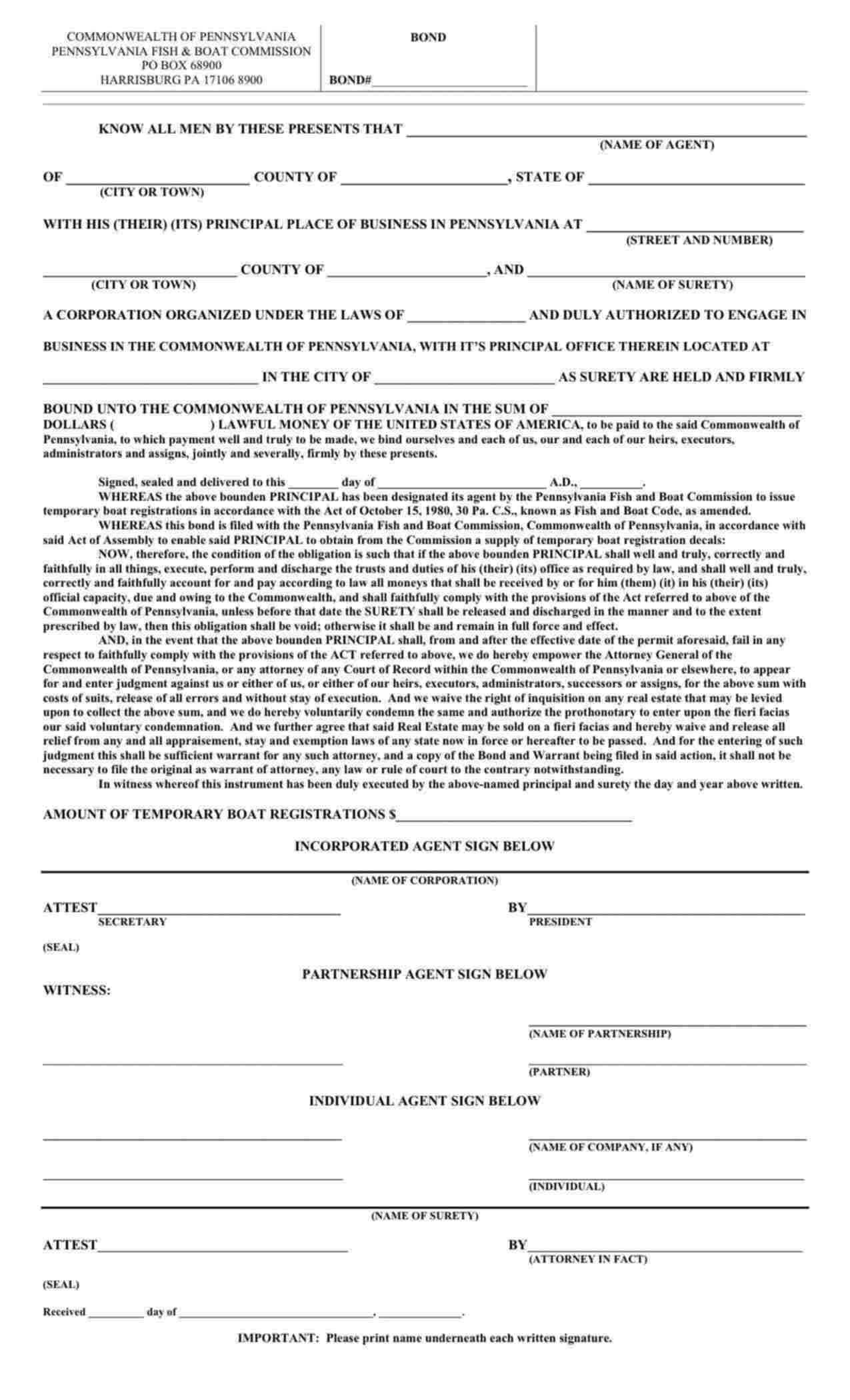 Pennsylvania Temporary Boat Registration Agent Bond Form