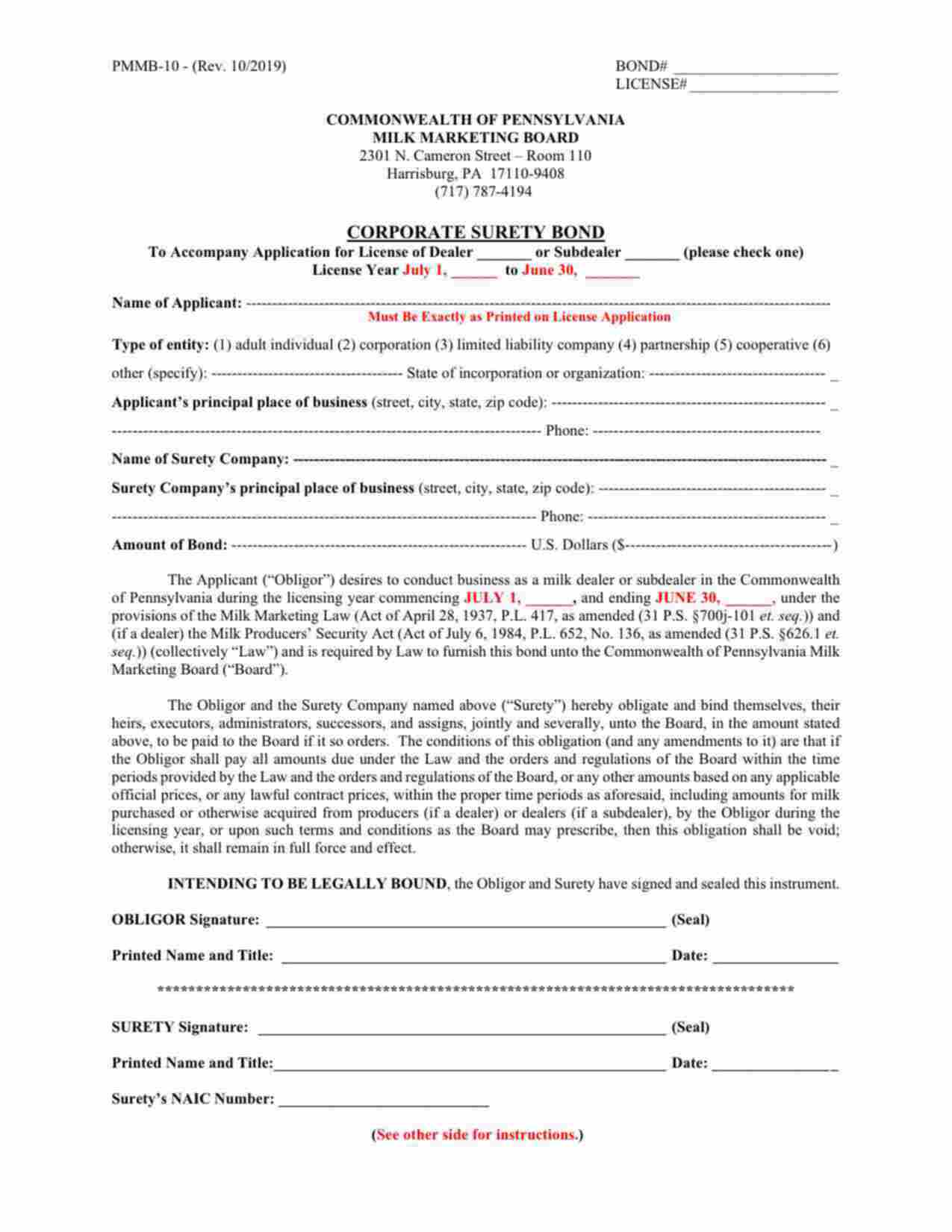 Pennsylvania Milk Dealer Bond Form