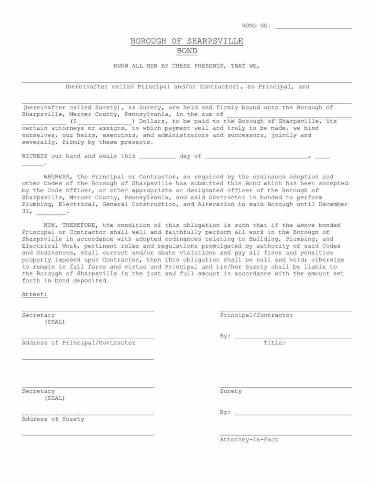 Pennsylvania Contractor Bond Form