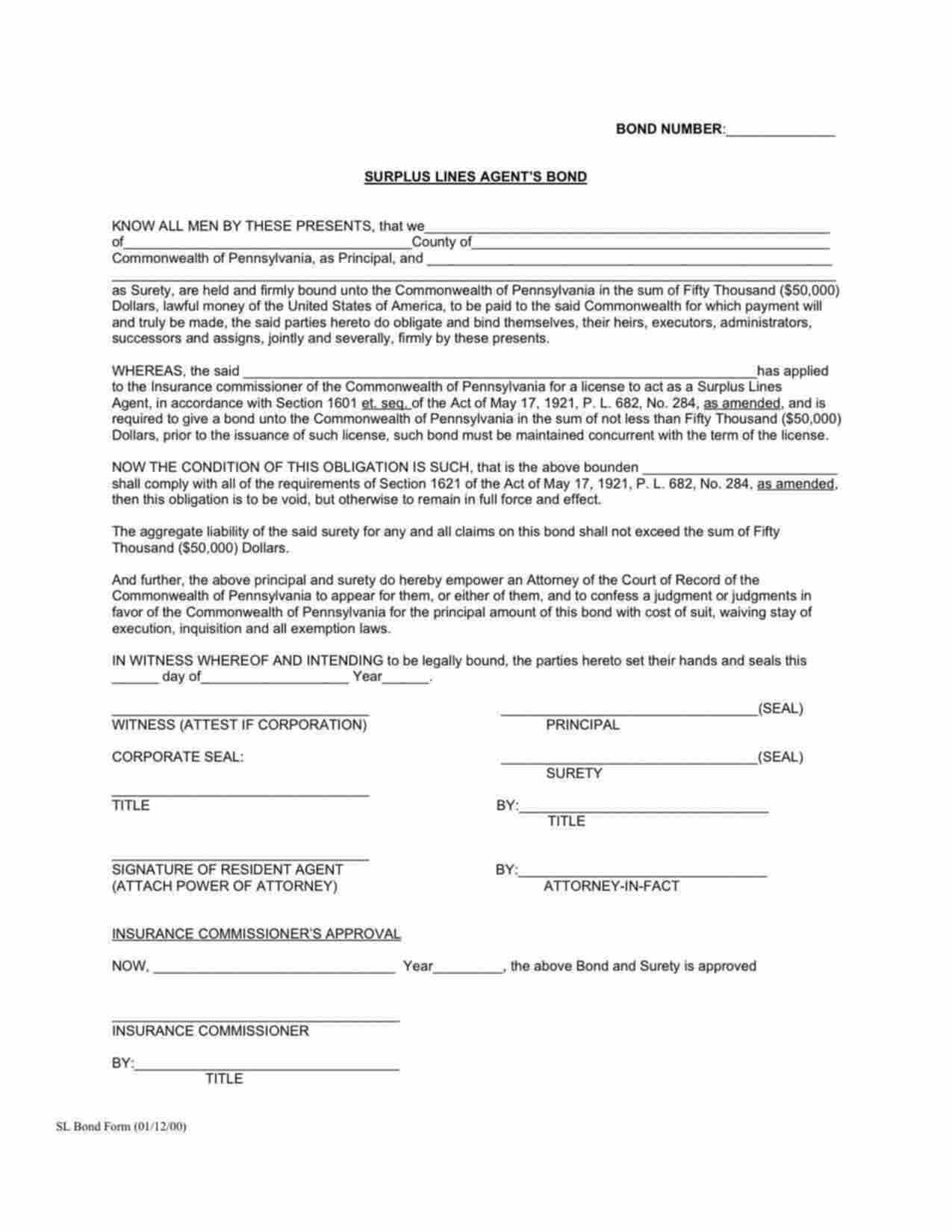 Pennsylvania Surplus Lines Broker Bond Form