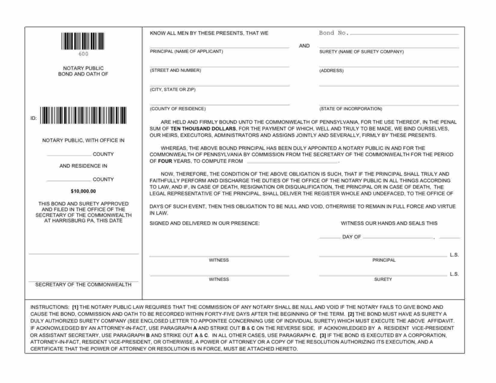 Pennsylvania Notary Public Bond Form