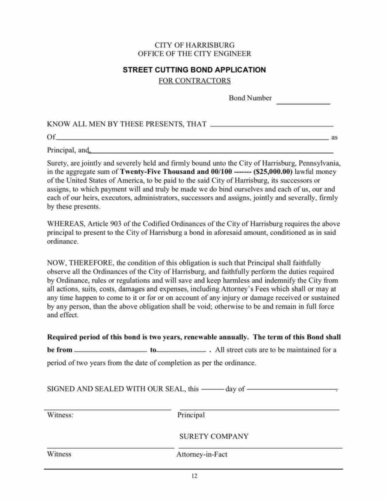 Pennsylvania Street Cutting for Contractors Bond Form