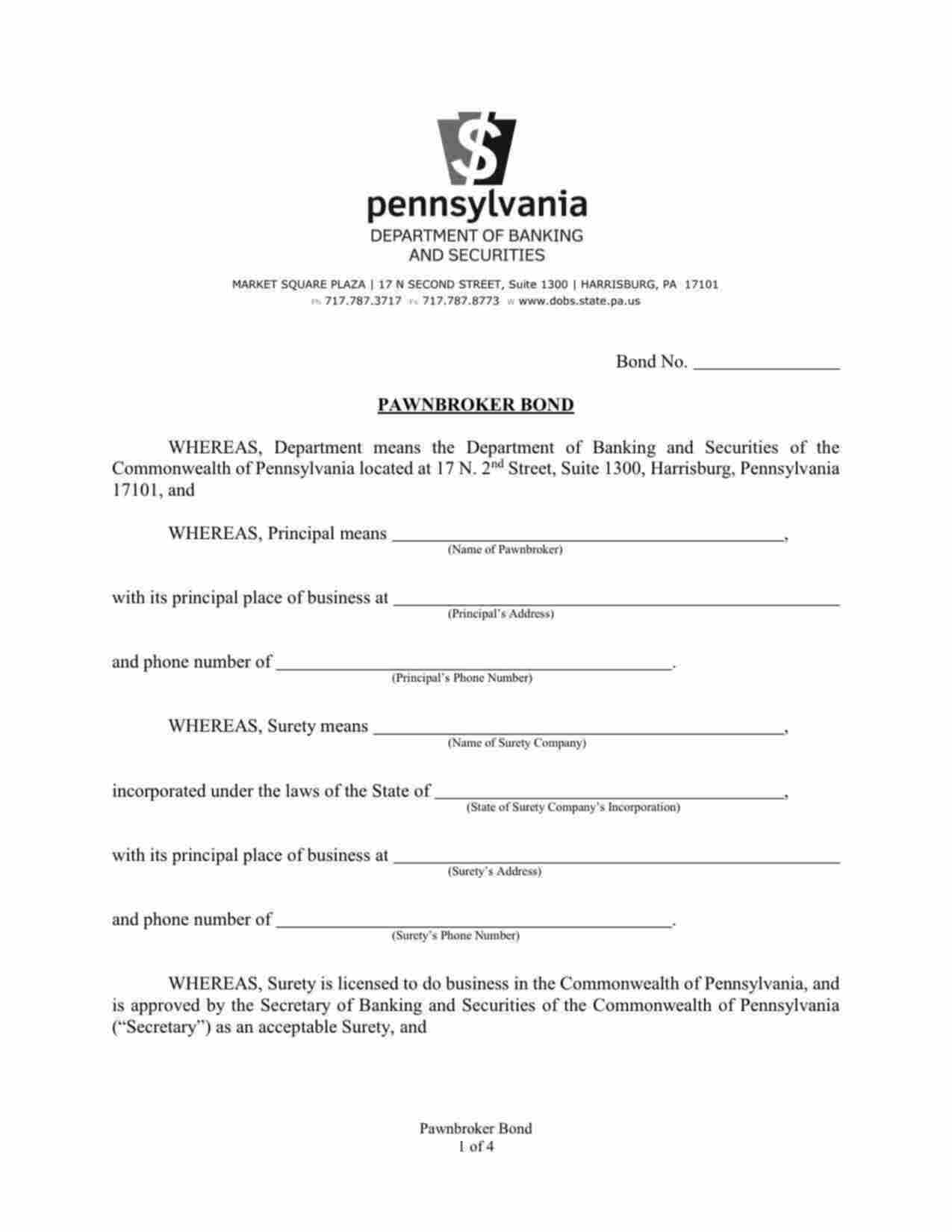 Pennsylvania Pawnbroker Bond Form