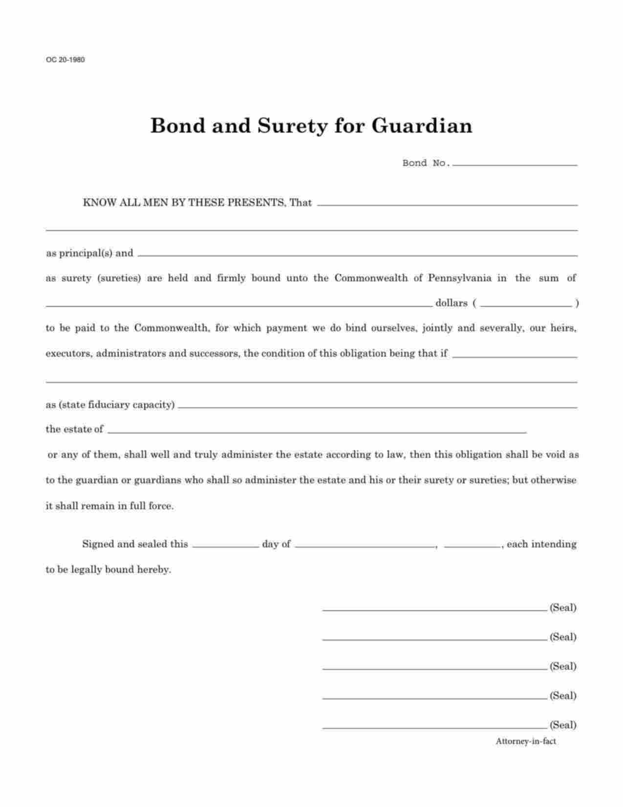Pennsylvania Conservator/Guardian Bond Form