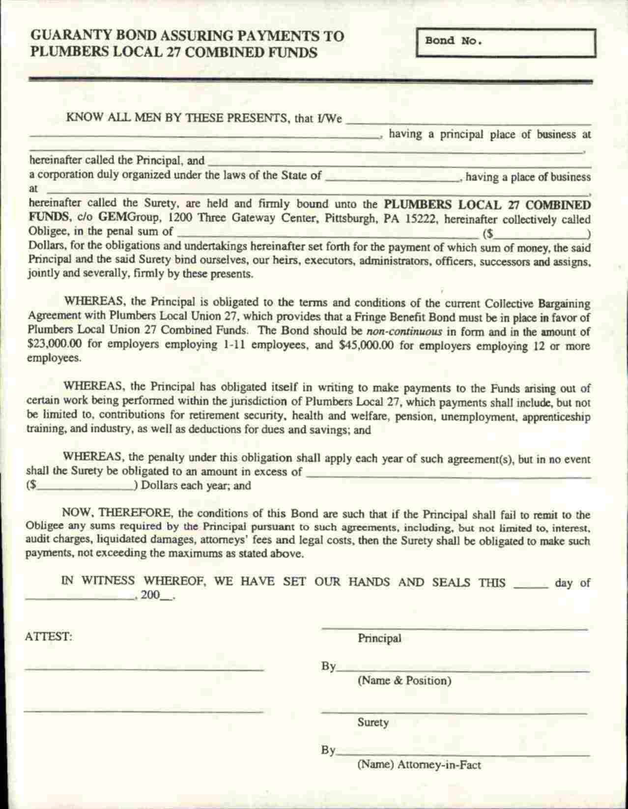 Pennsylvania Wage and Welfare Bond Form