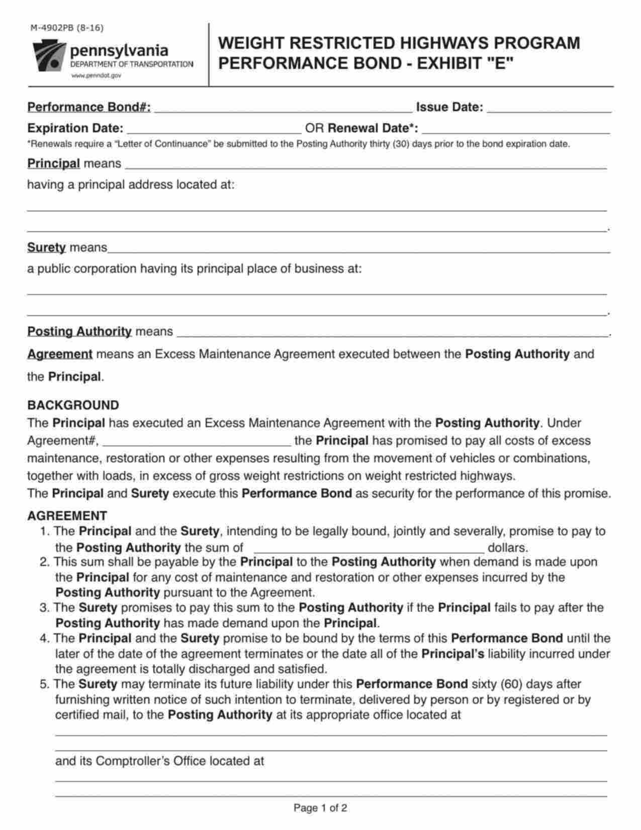 Pennsylvania Weight Restricted Highways Program Performance - Exhibit E (M-4902PB) Bond Form