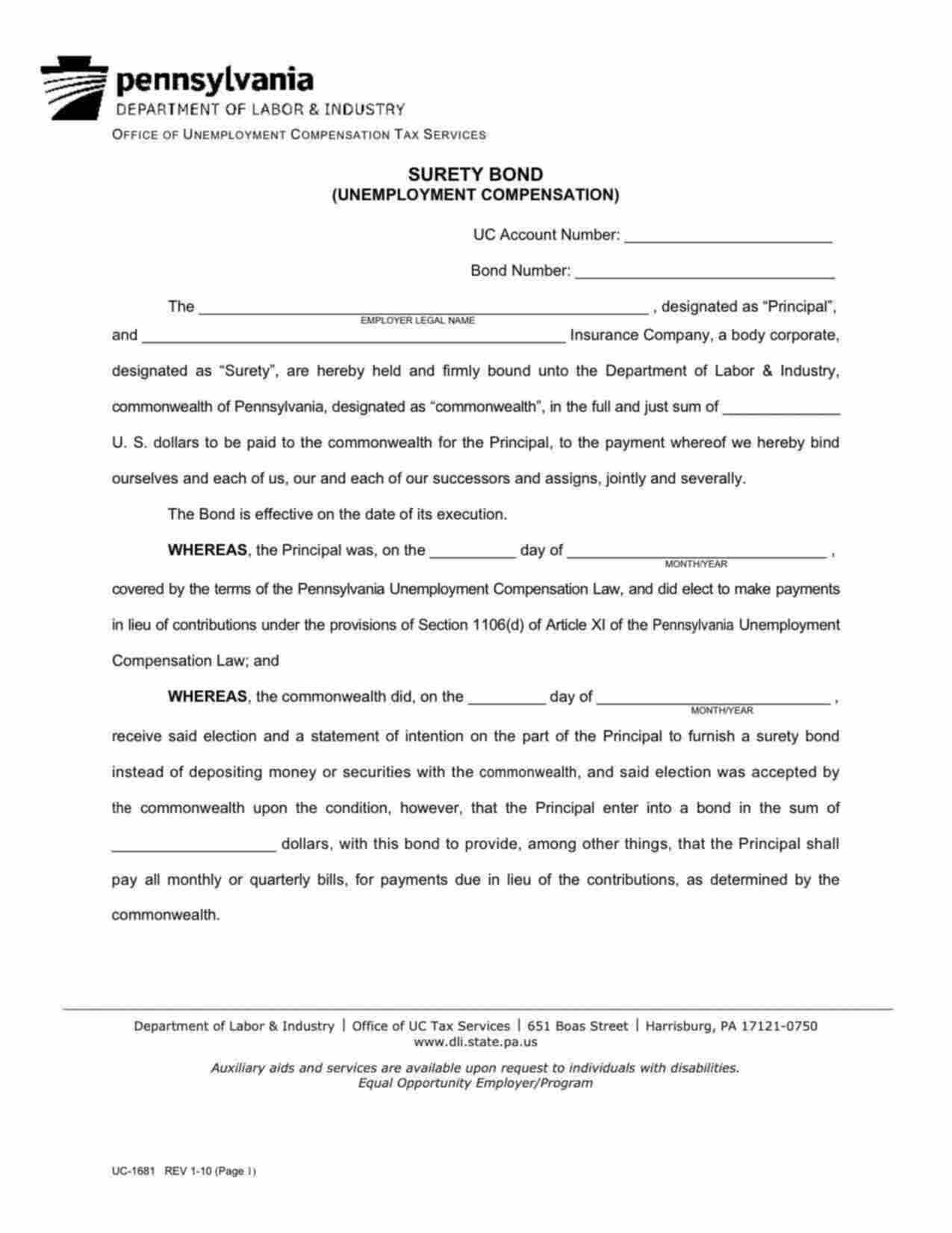 Pennsylvania Unemployment Compensation Bond Form