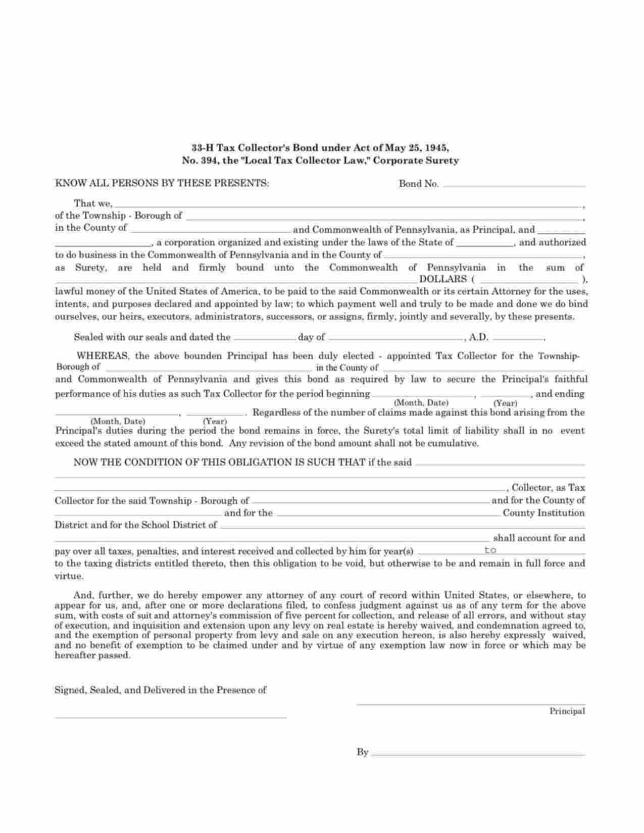Pennsylvania Tax Collector Bond Form