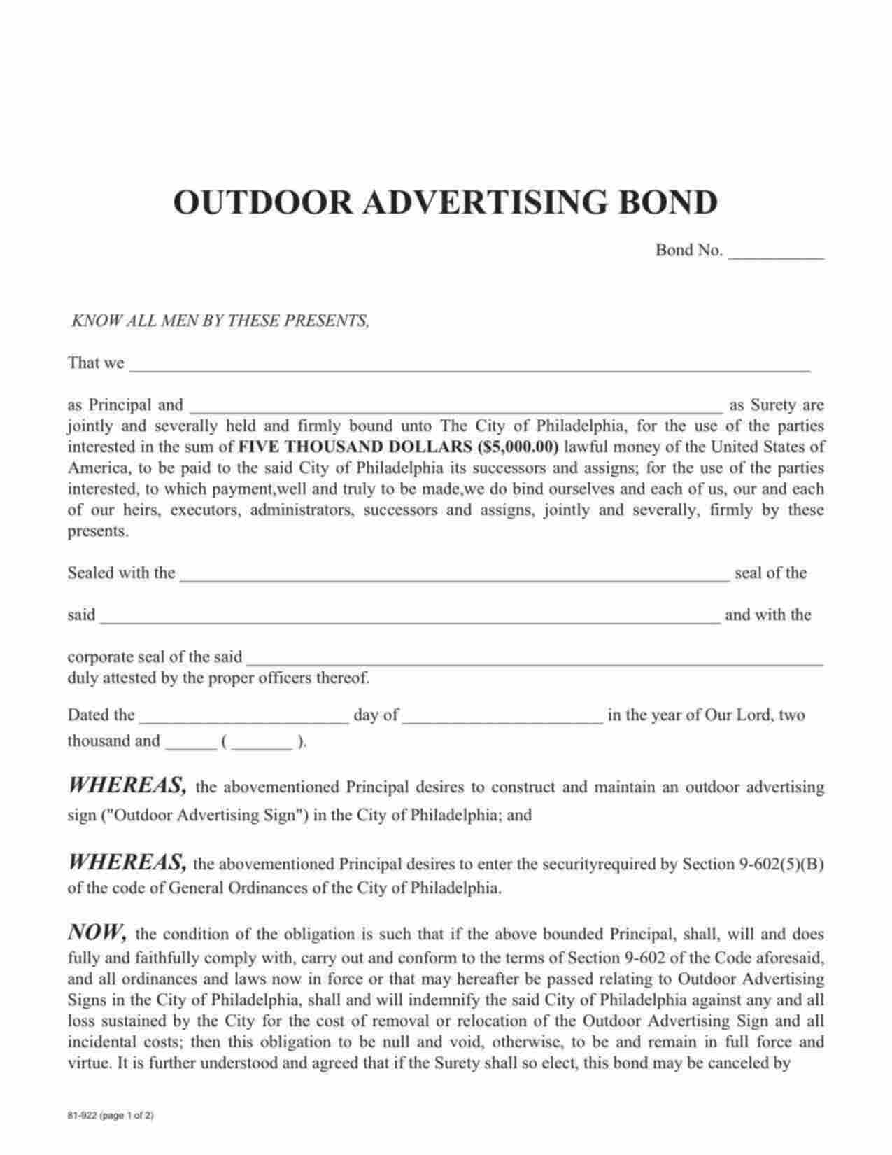 Pennsylvania Outdoor Advertising Bond Form