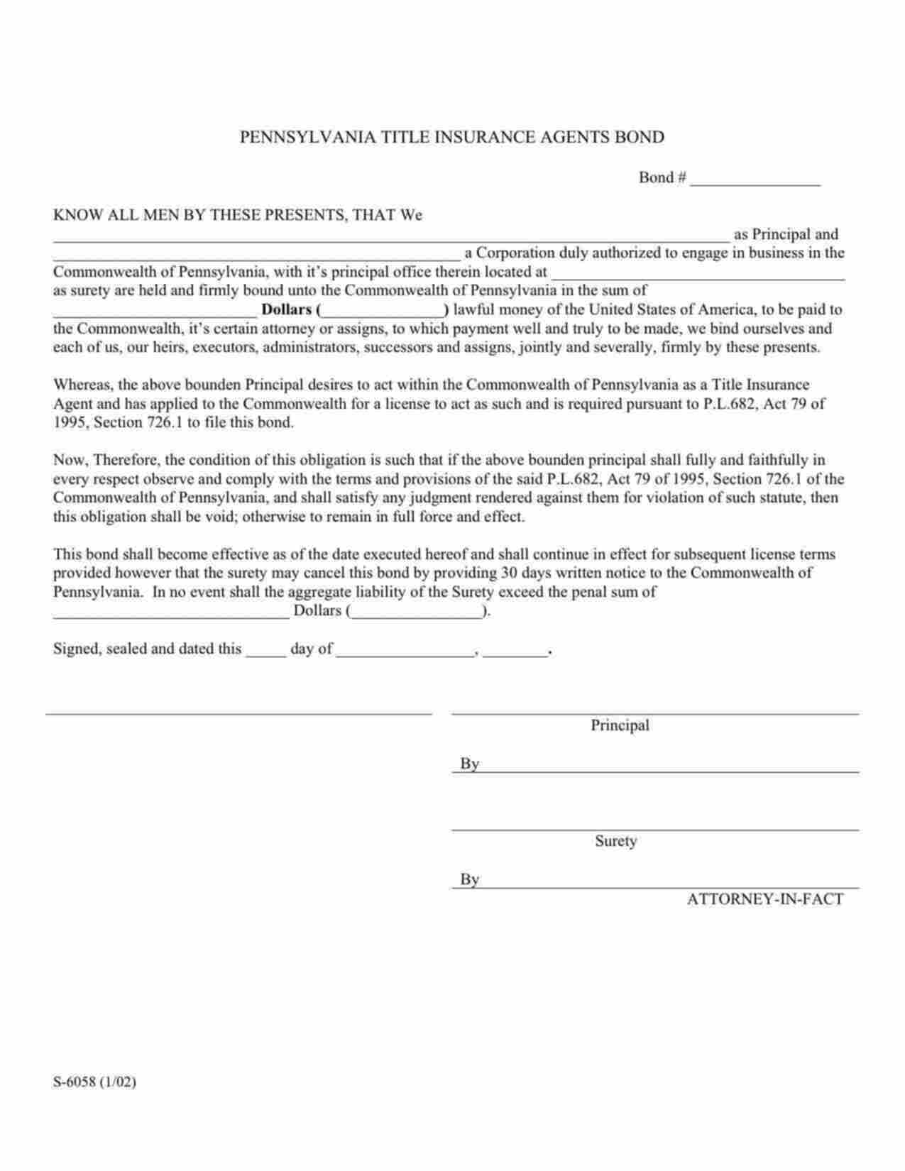 Pennsylvania Title Insurance Agent (Surety) Bond Form