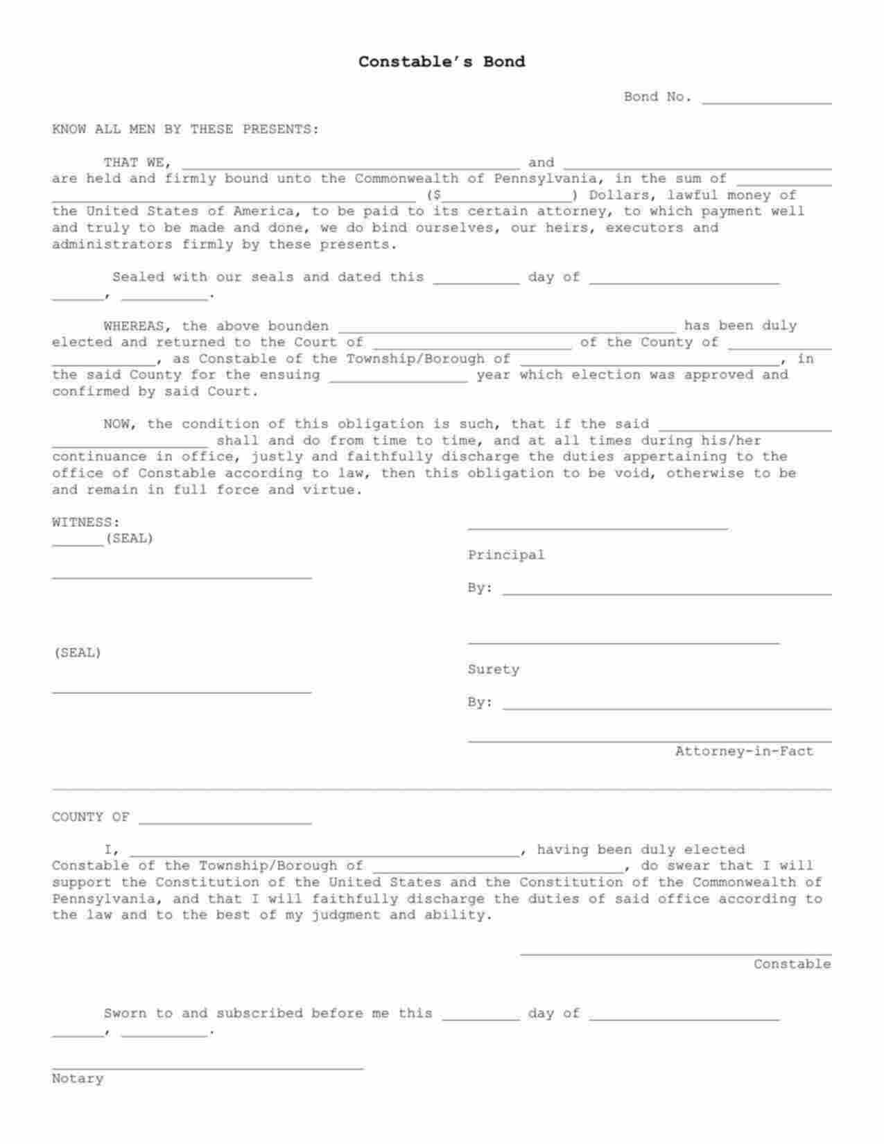 Pennsylvania Constable Bond Form