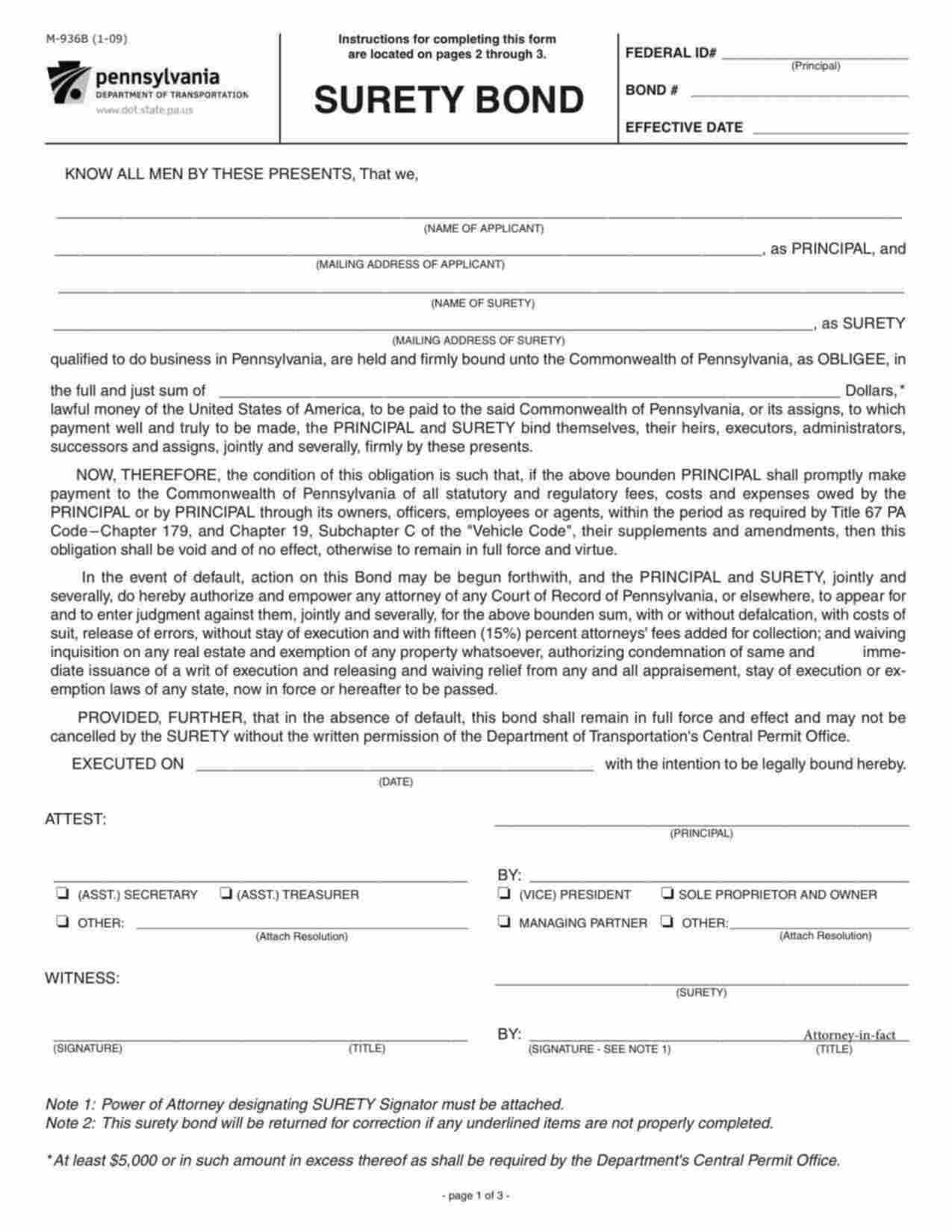 Pennsylvania Special Hauling Permit (M-936B) Bond Form