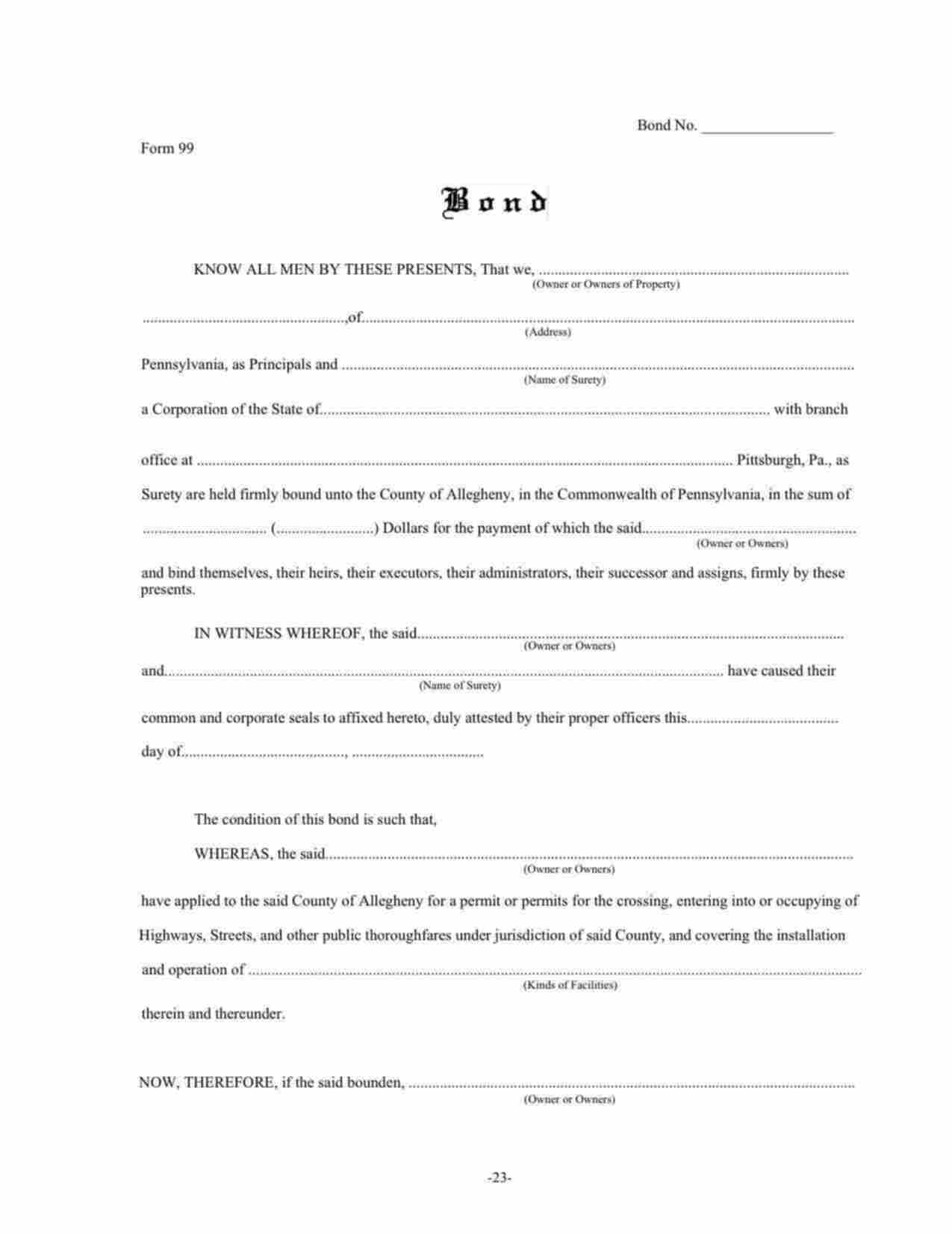 Pennsylvania Road Damage/Right of Way Permit Bond Form