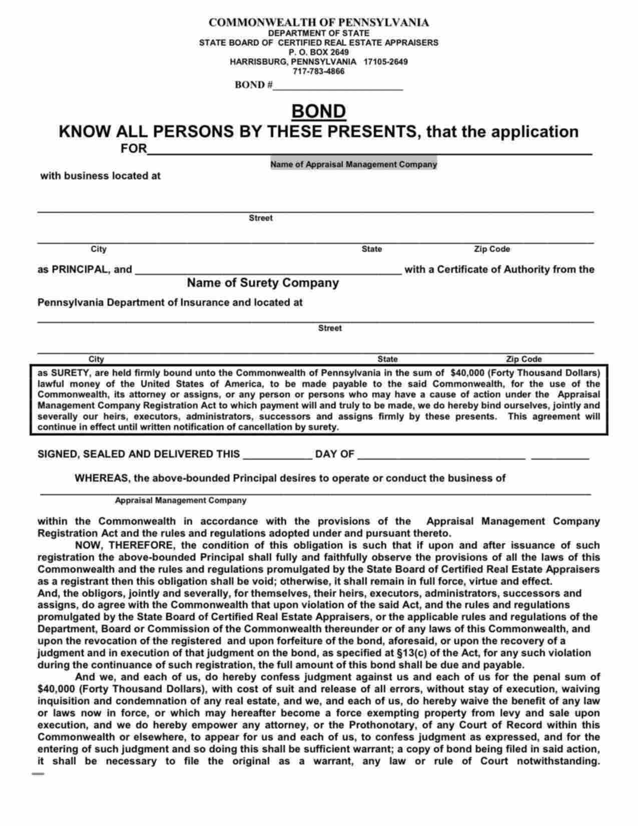 Pennsylvania Appraisal Management Company Bond Form