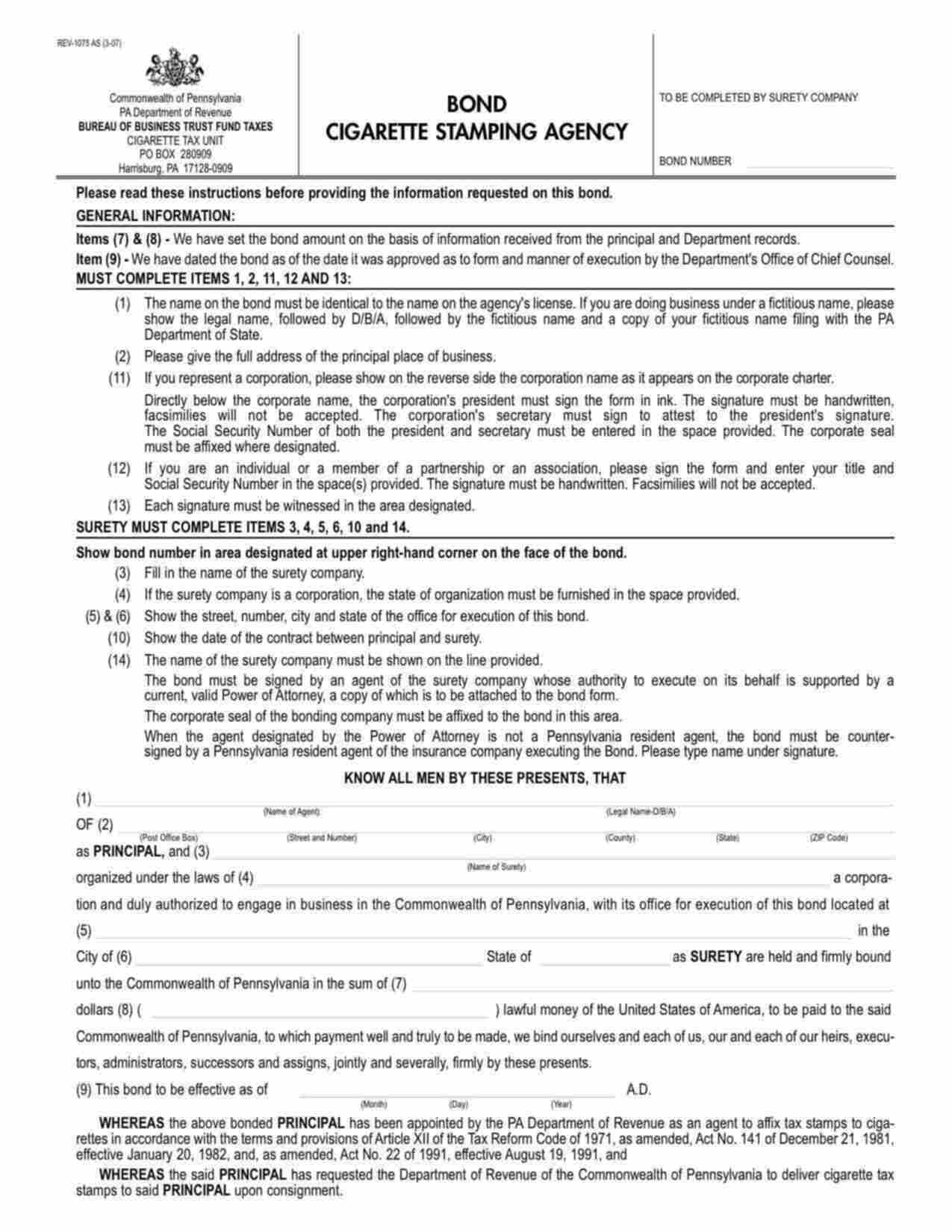 Pennsylvania Cigarette Stamping Agency Bond Form