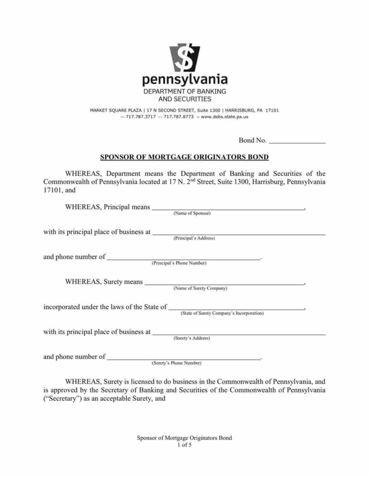 Pennsylvania Mortgage Lender Bond Form