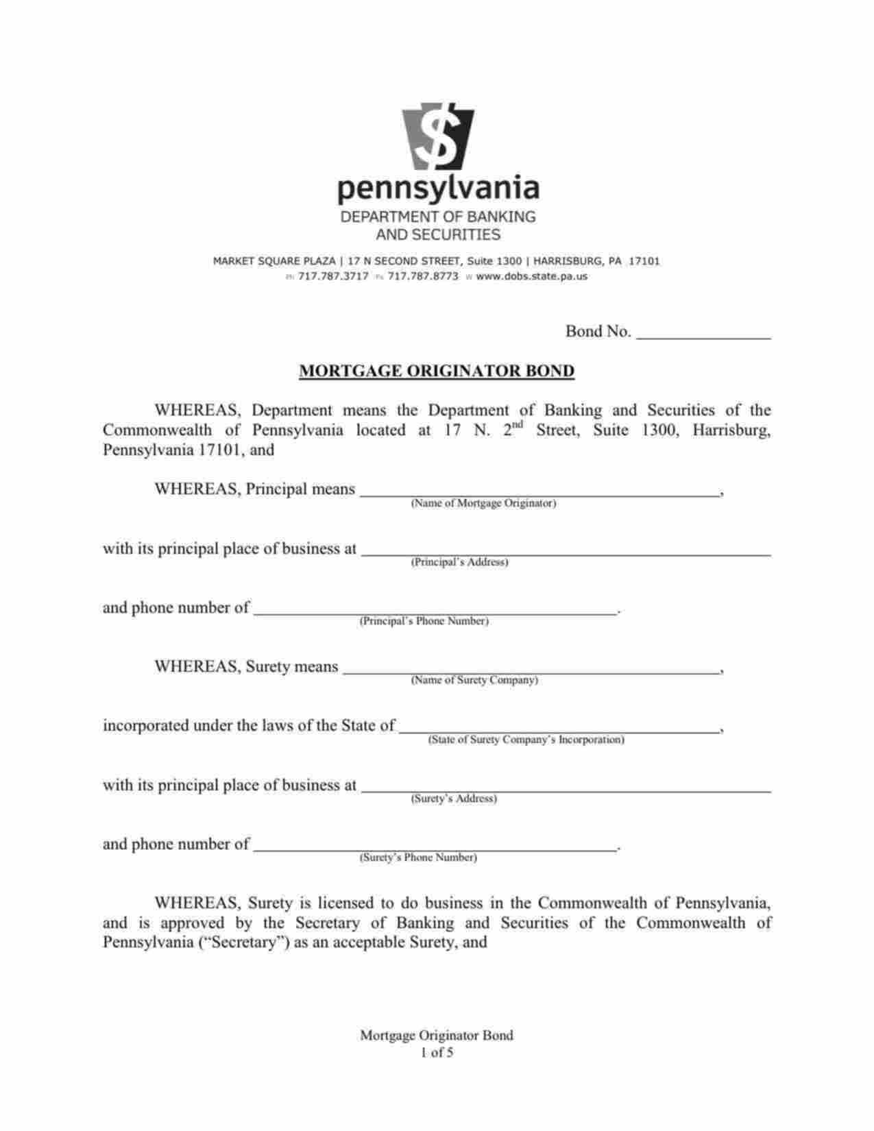 Pennsylvania Mortgage Originator Bond Form