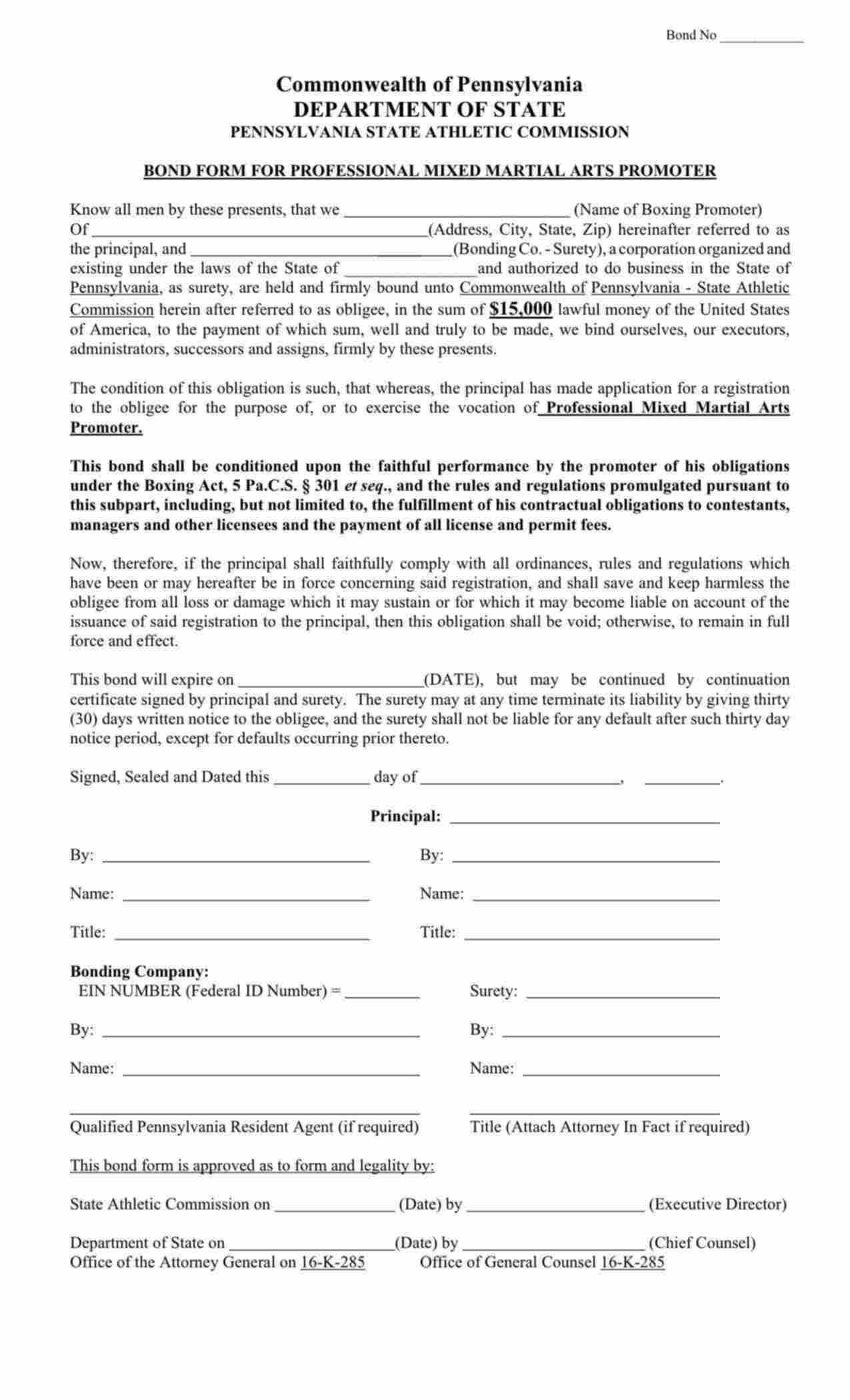 Pennsylvania Professional Mixed Martial Arts Promoter Bond Form