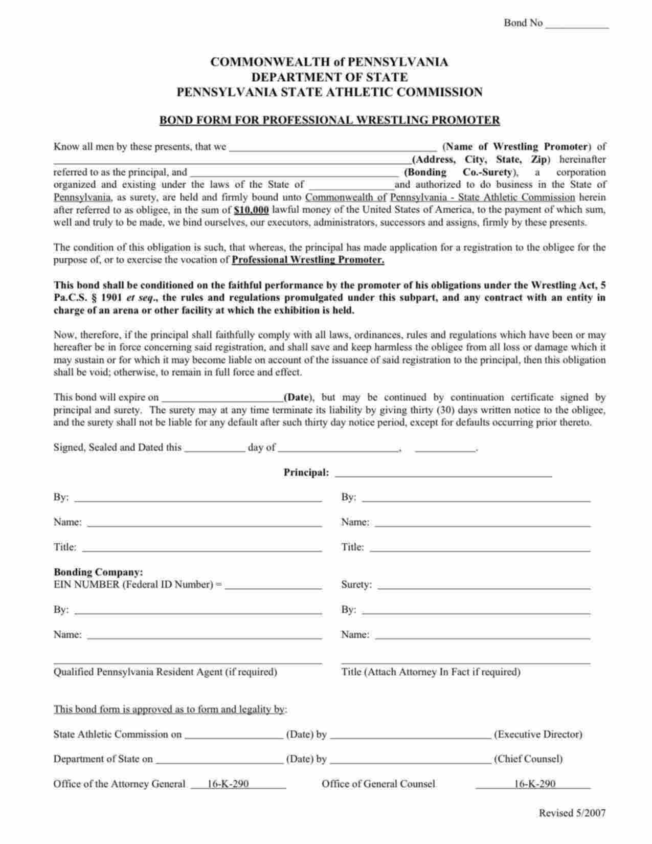 Pennsylvania Professional Wrestling Promoter Bond Form