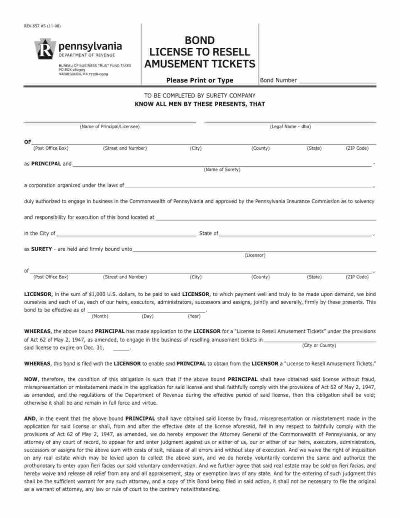 Pennsylvania License to Resell Amusement Tickets Bond Form