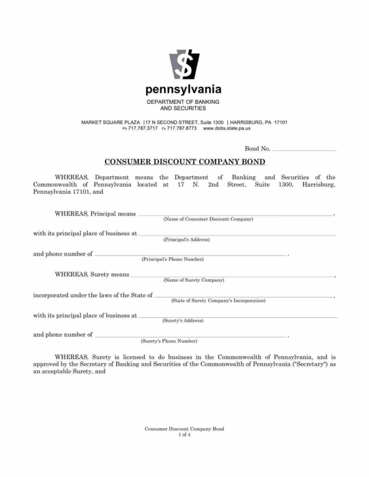 Pennsylvania Consumer Discount Company Bond Form