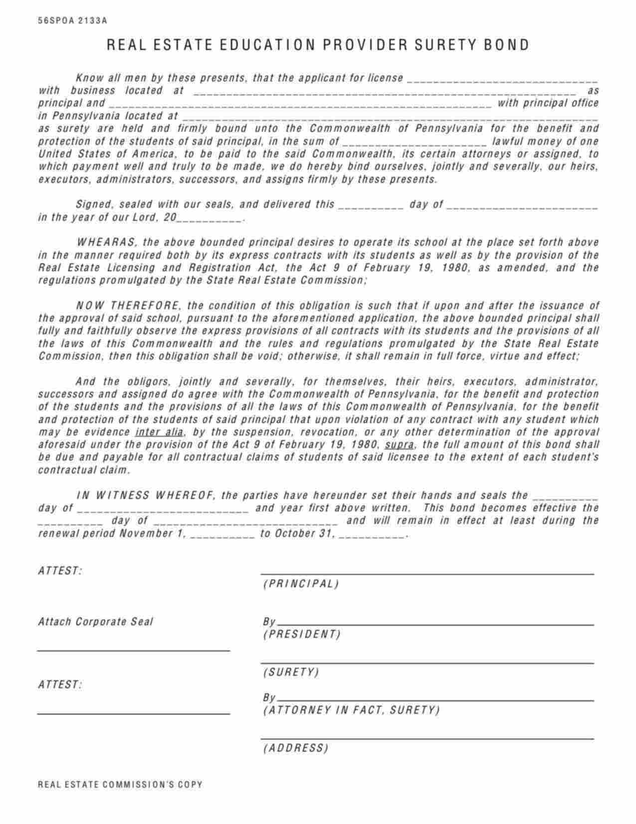 Pennsylvania Real Estate Education Provider Bond Form