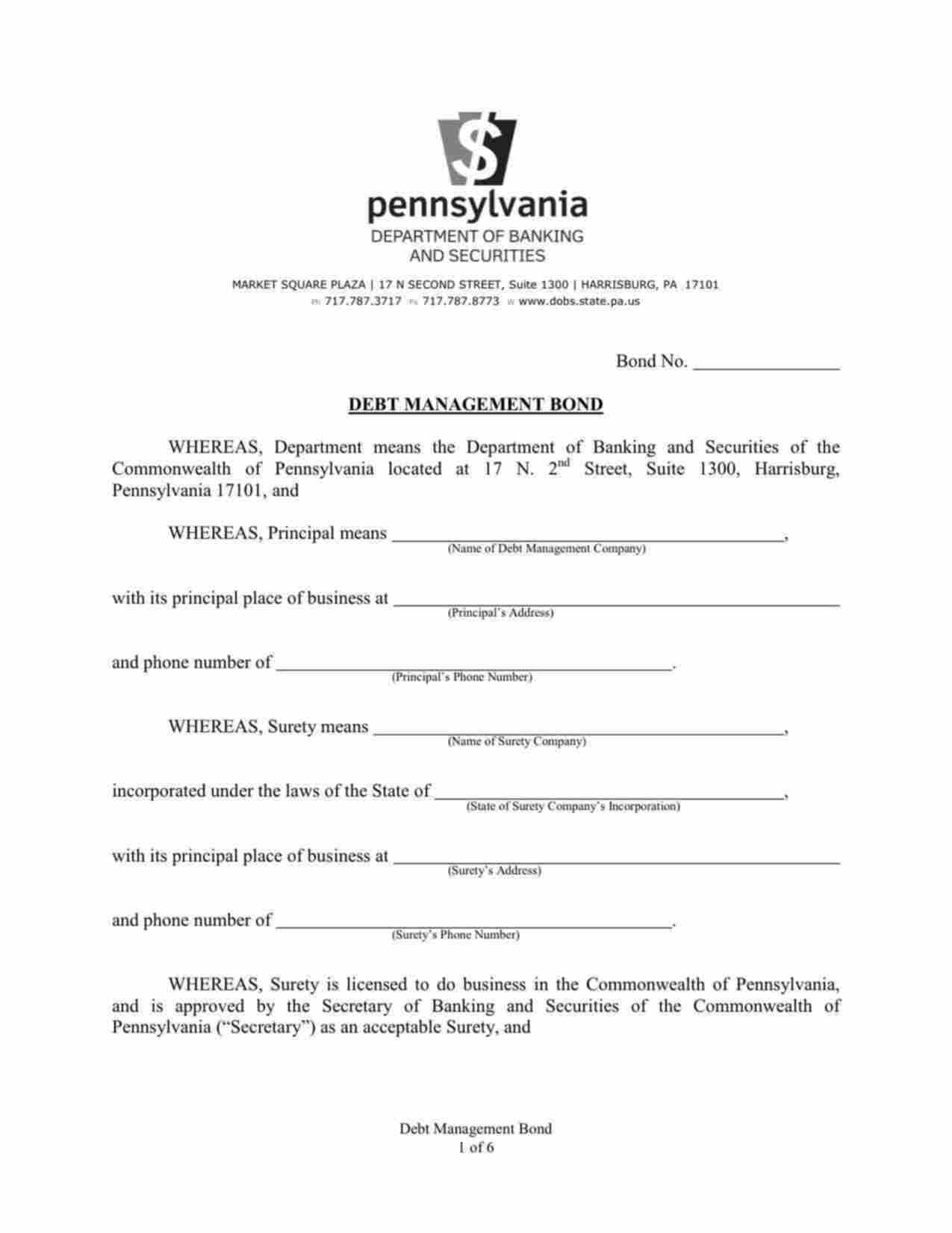 Pennsylvania Debt Management Company Bond Form
