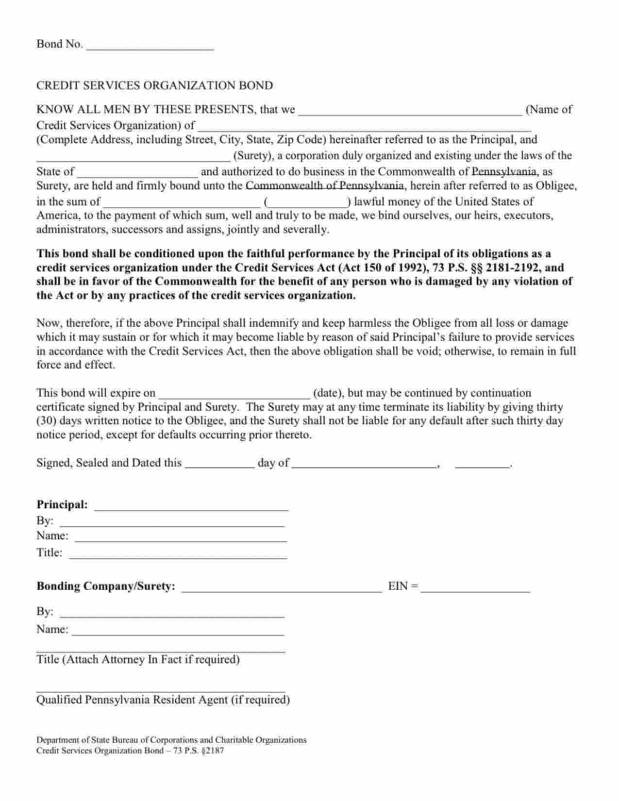 Pennsylvania Credit Services Organization Bond Form