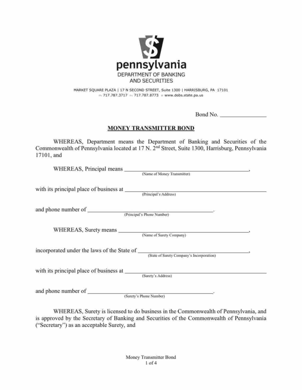 Pennsylvania Money Transmitter Bond Form