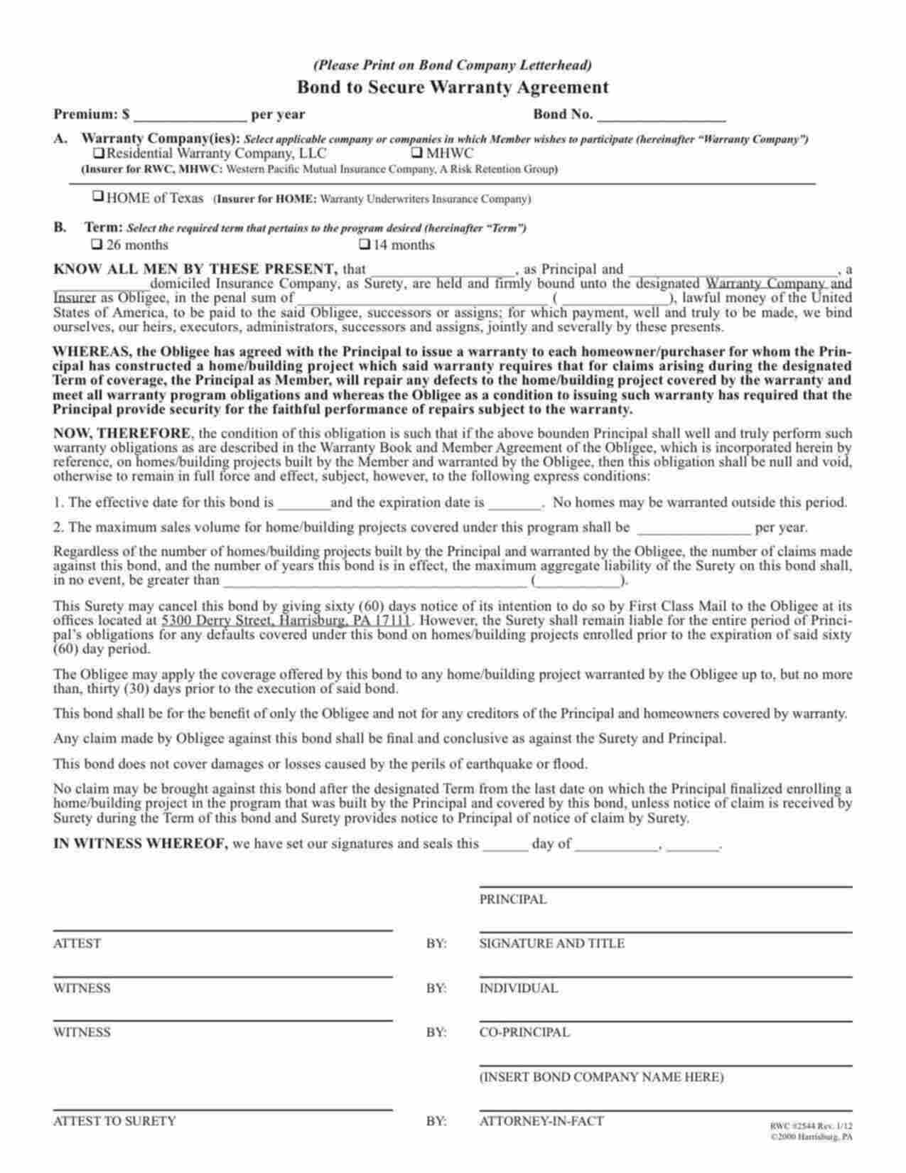 Pennsylvania Warranty Agreement (26 months) Bond Form