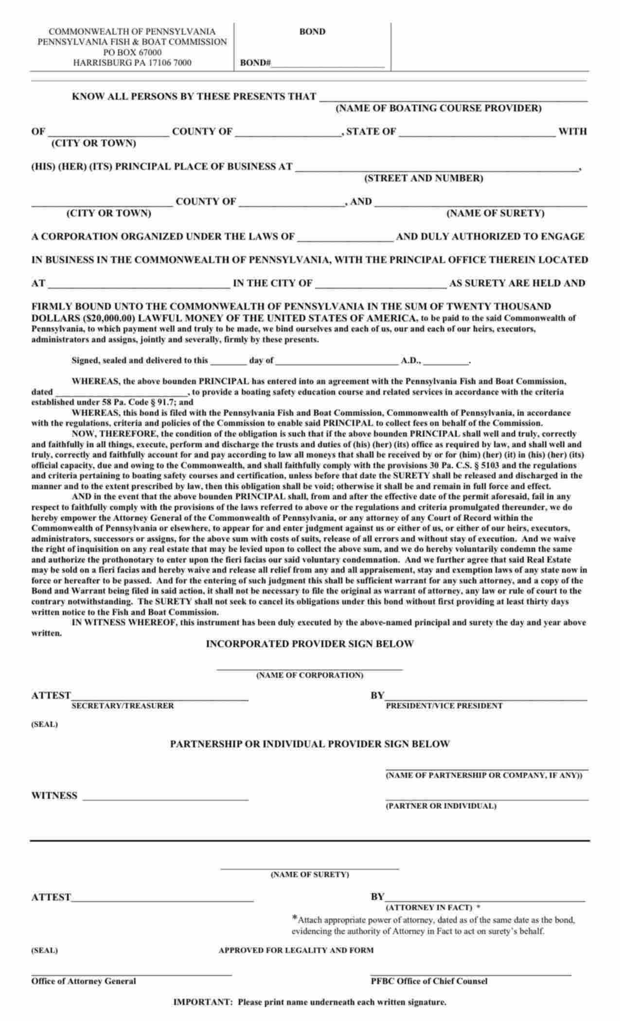 Pennsylvania Boating Course Provider Bond Form