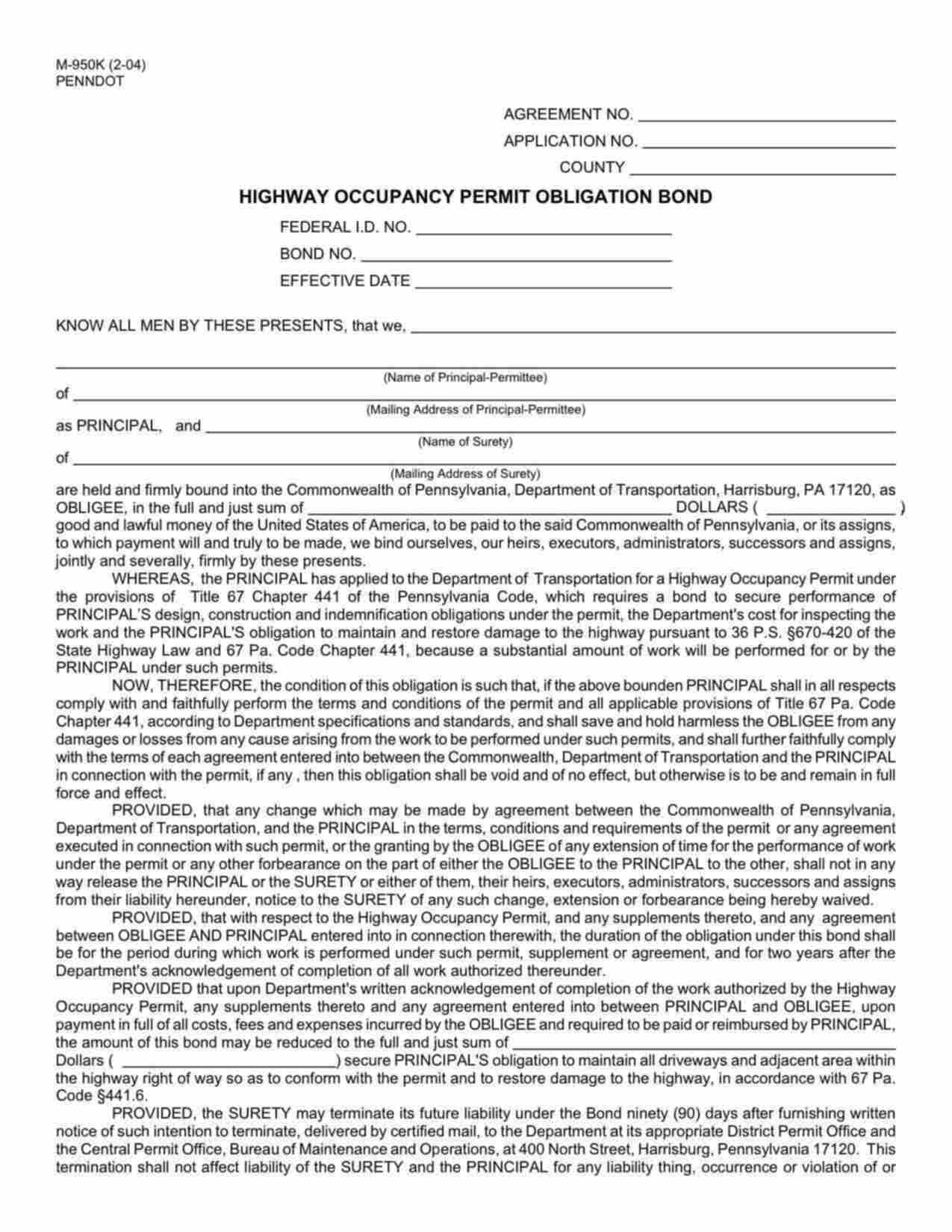 Pennsylvania Highway Occupancy Permit Obligation (M-950K) Bond Form