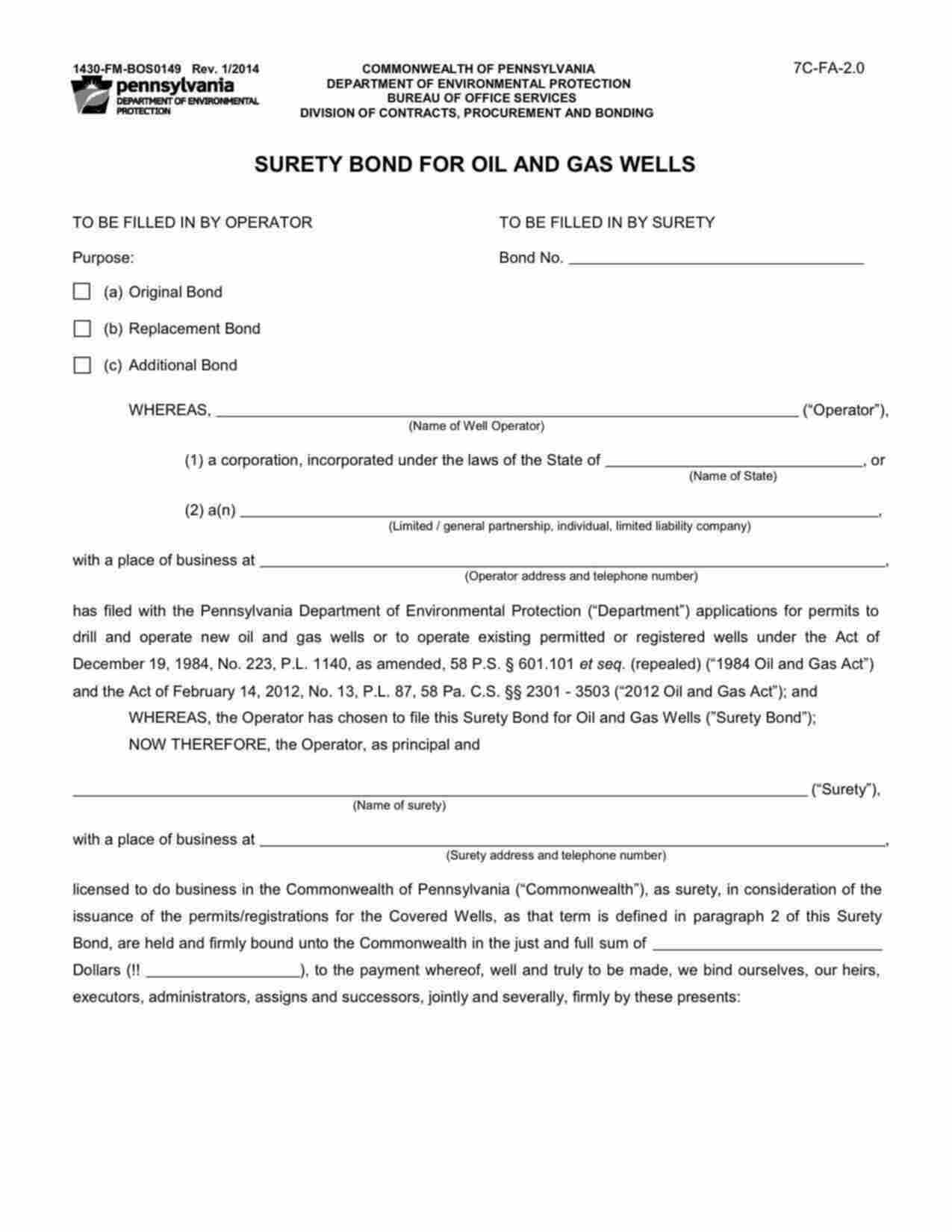 Pennsylvania Oil and Gas Wells Bond Form