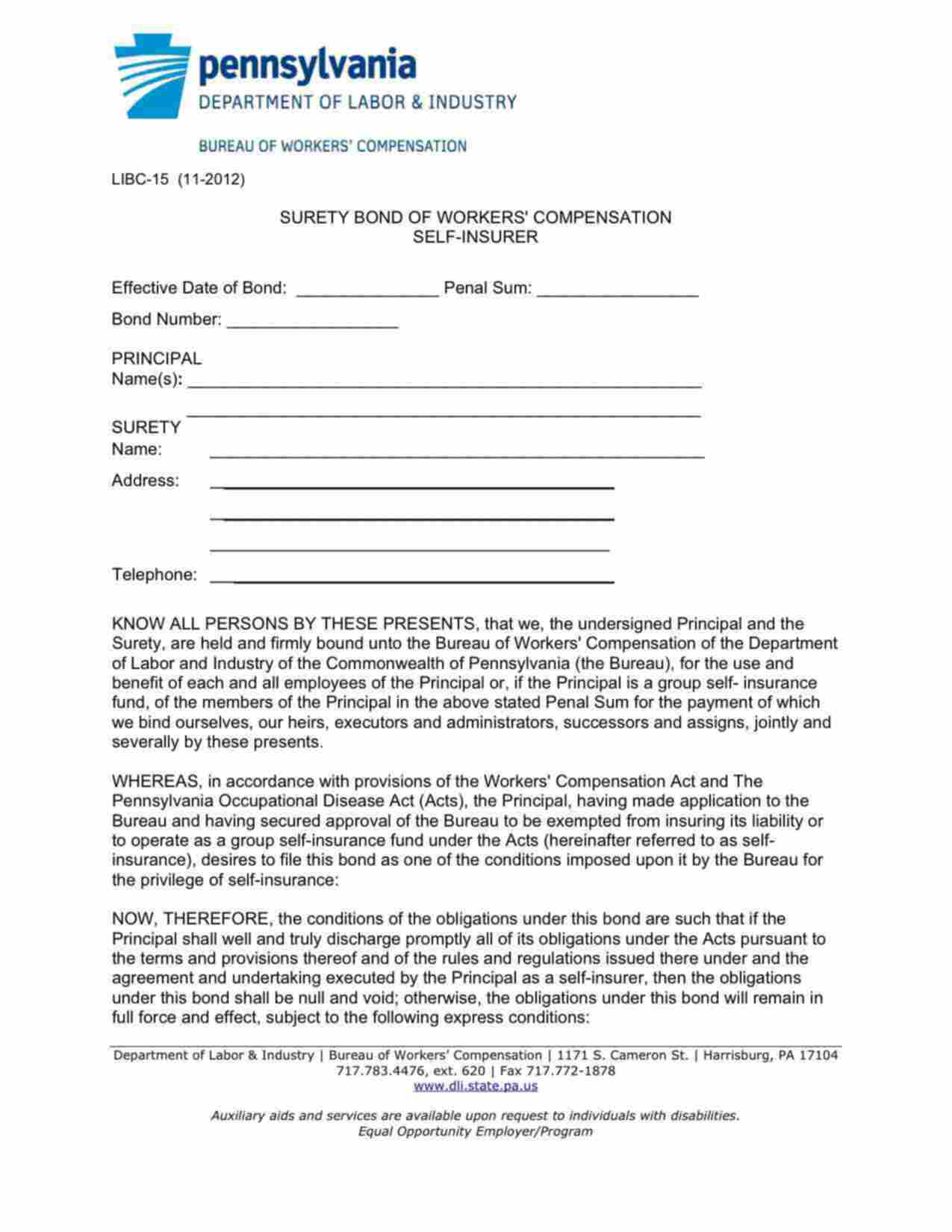 Pennsylvania Workers' Compensation Self-Insurer Bond Form