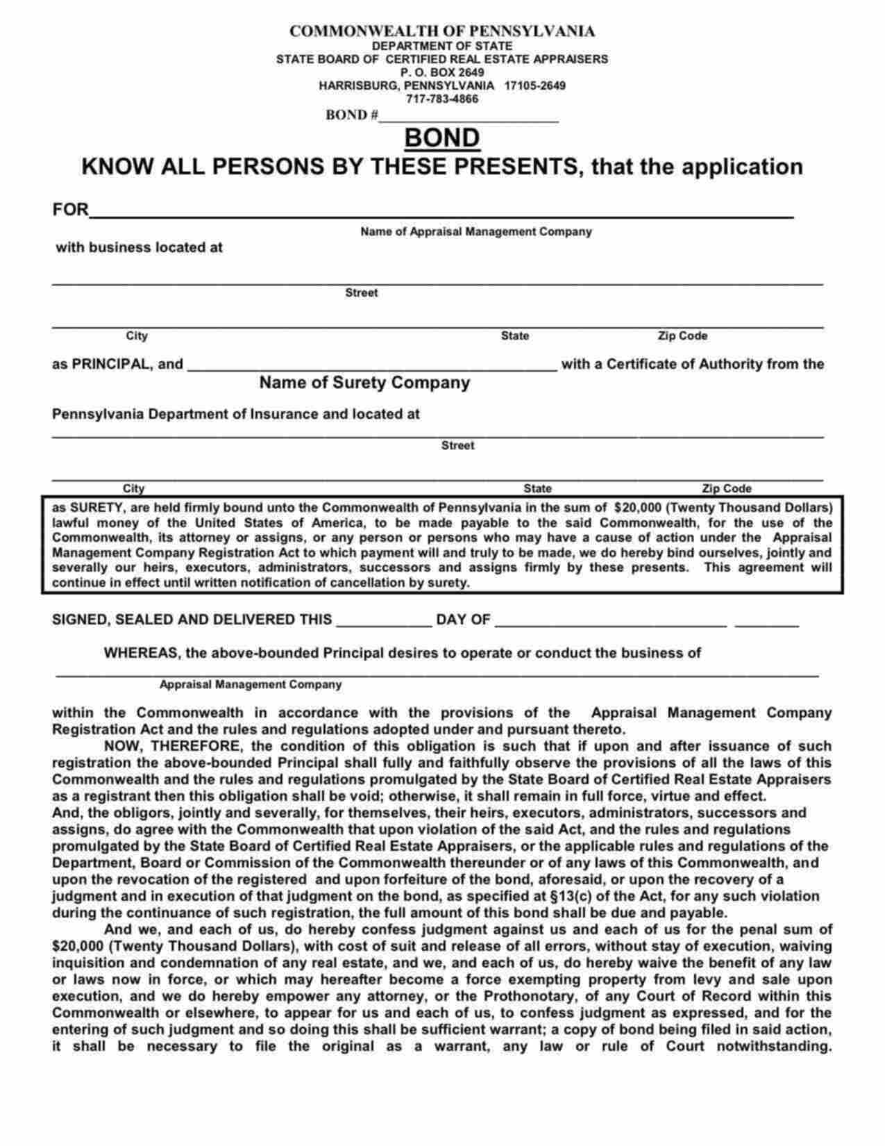 Pennsylvania Appraisal Management Company Bond Form
