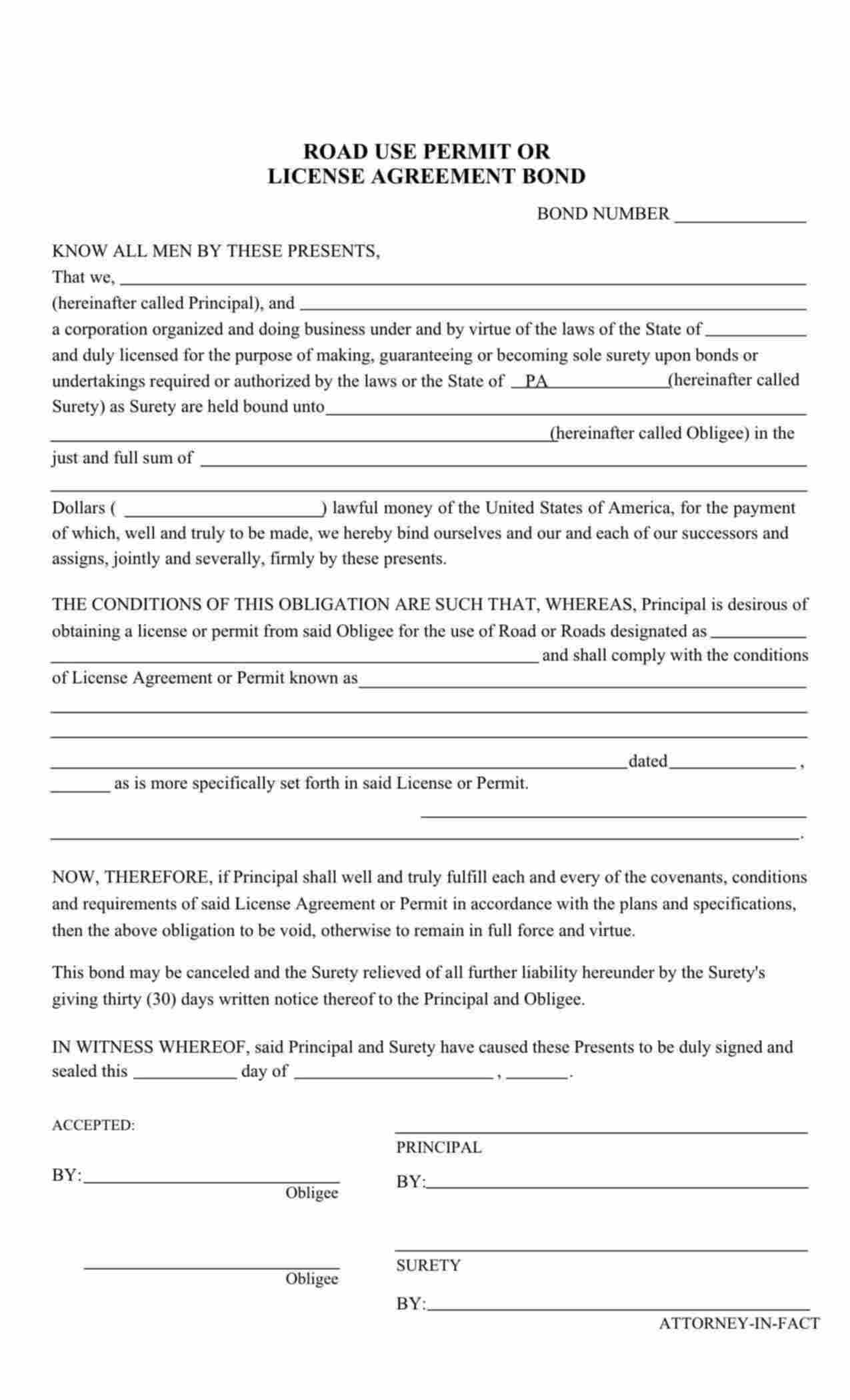 Pennsylvania Road Use Permit - Excess Maintenance Agreement Bond Form