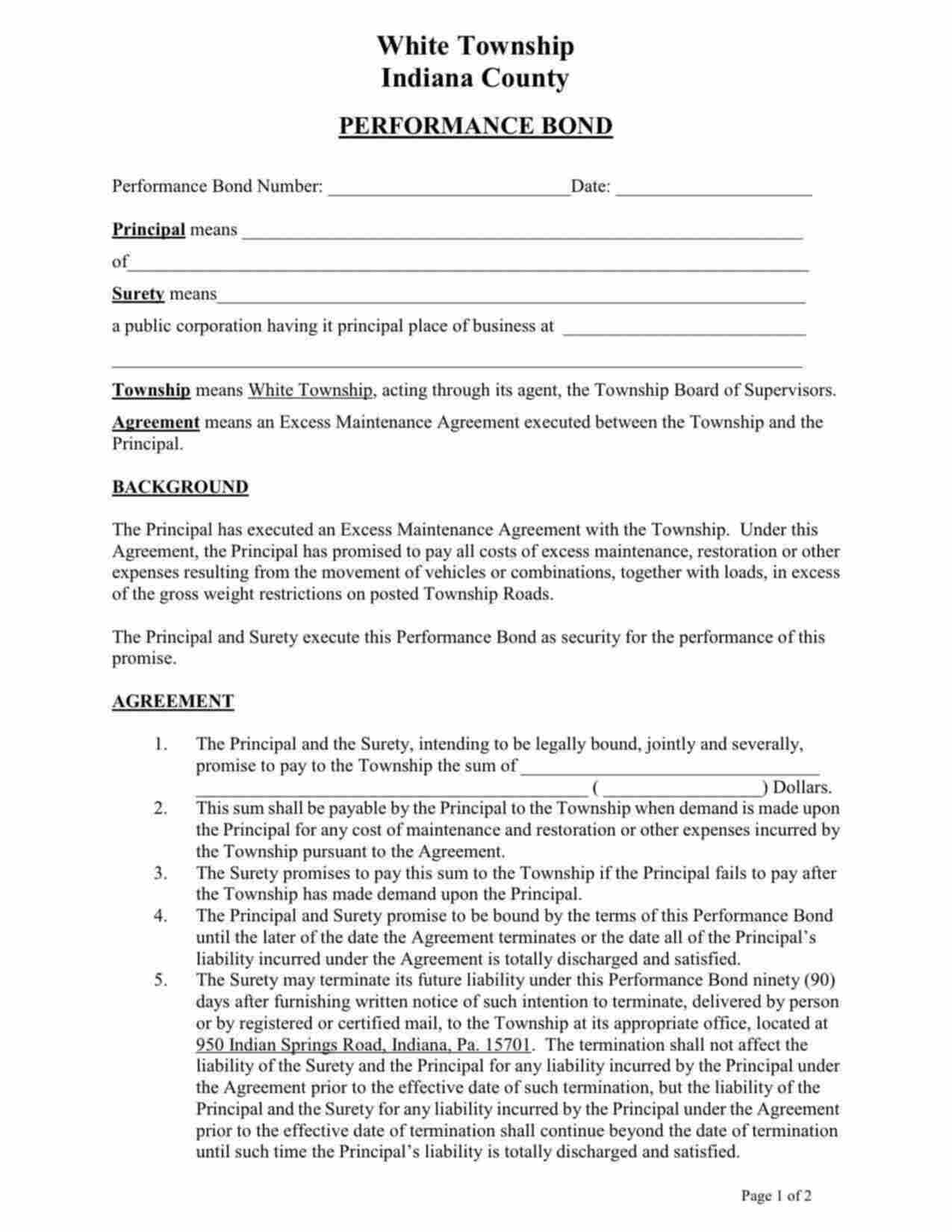 Pennsylvania Excess Maintenance Agreement Performance Bond Form