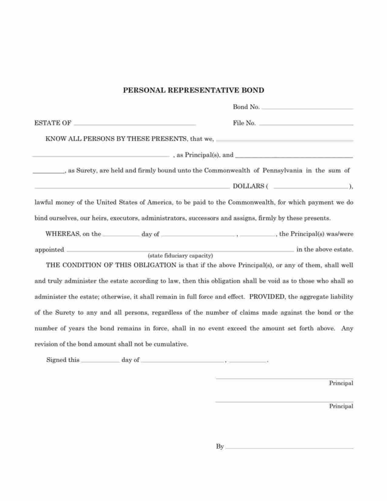 Pennsylvania Personal Representative Bond Form