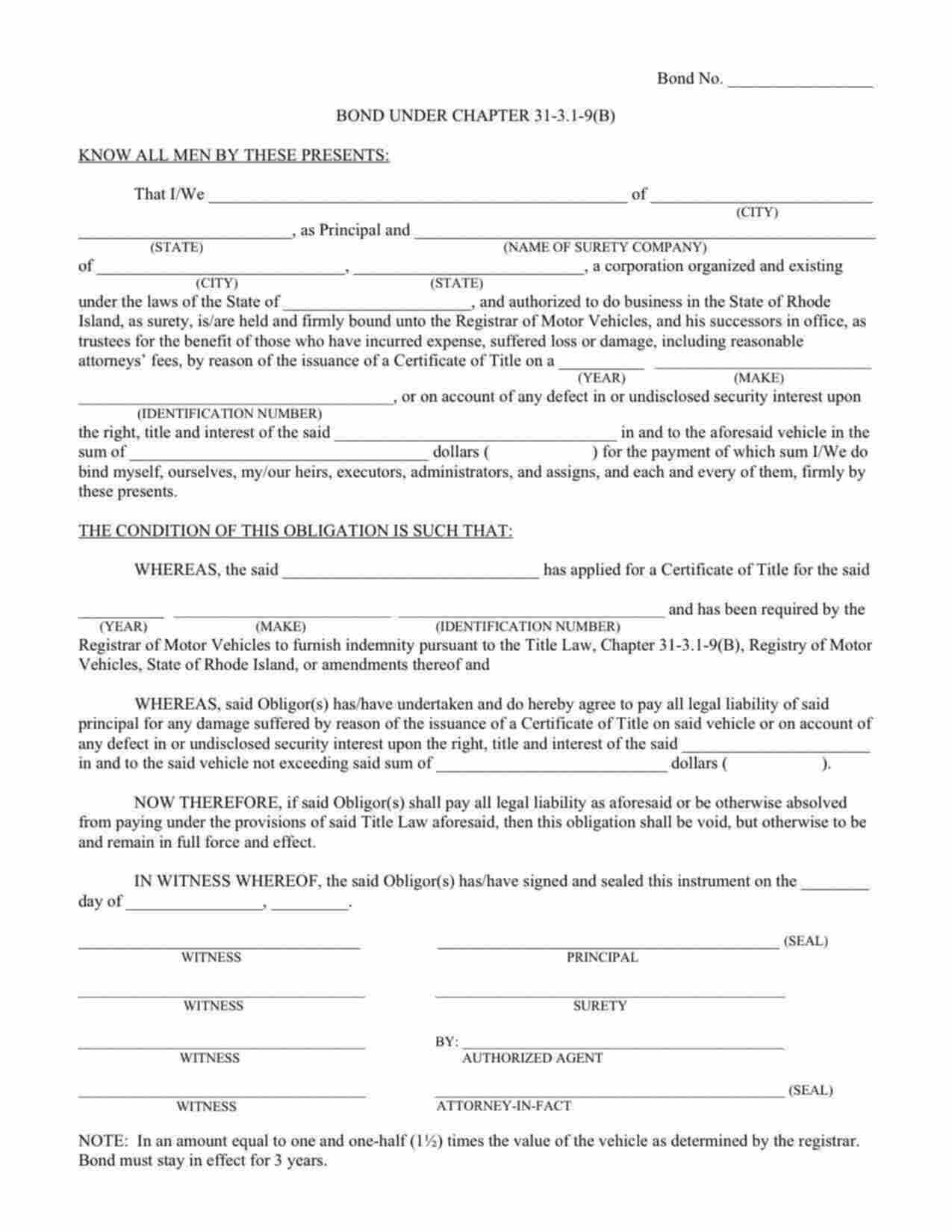 Rhode Island Motor Vehicle Certificate of Title Bond Form