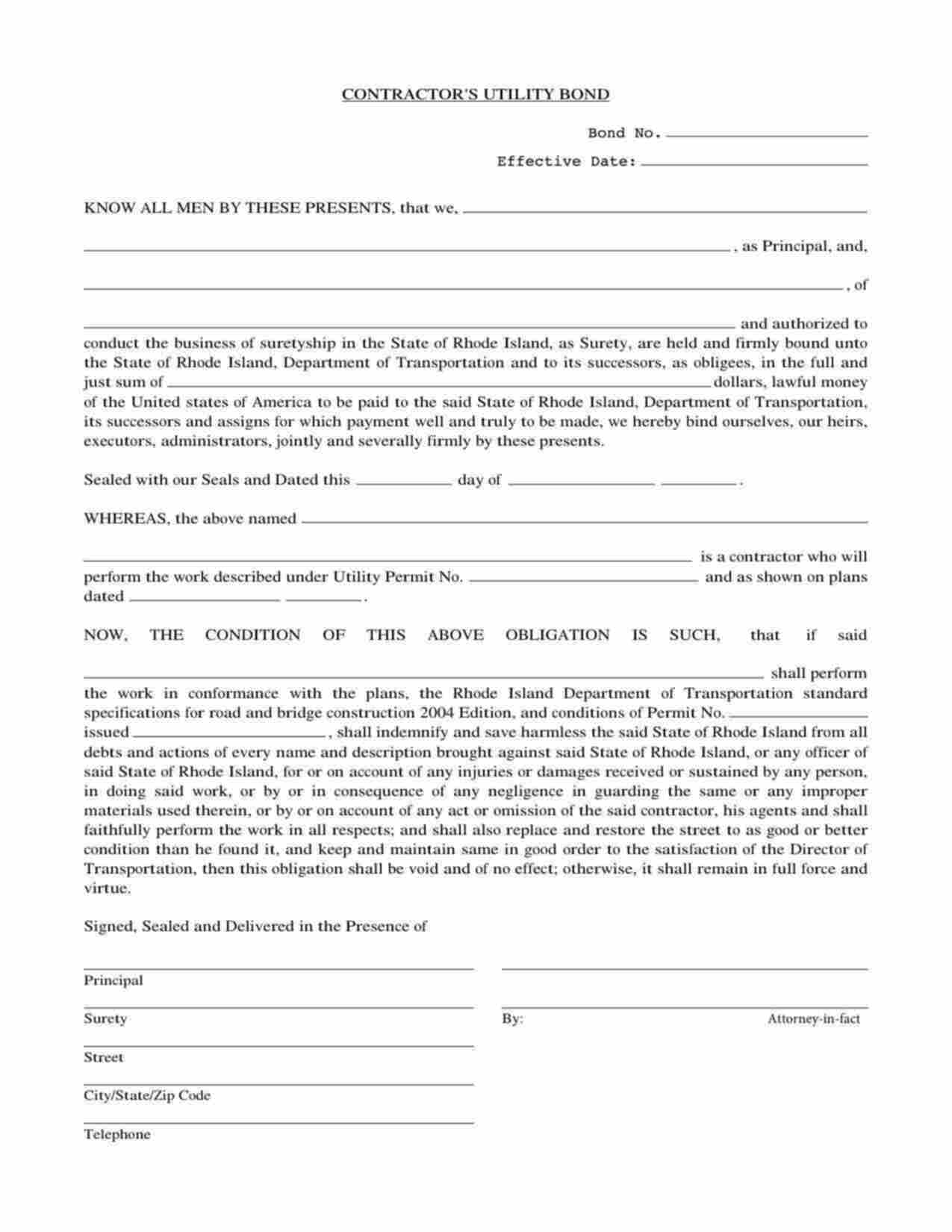 Rhode Island Contractor's Utility Permit Bond Form