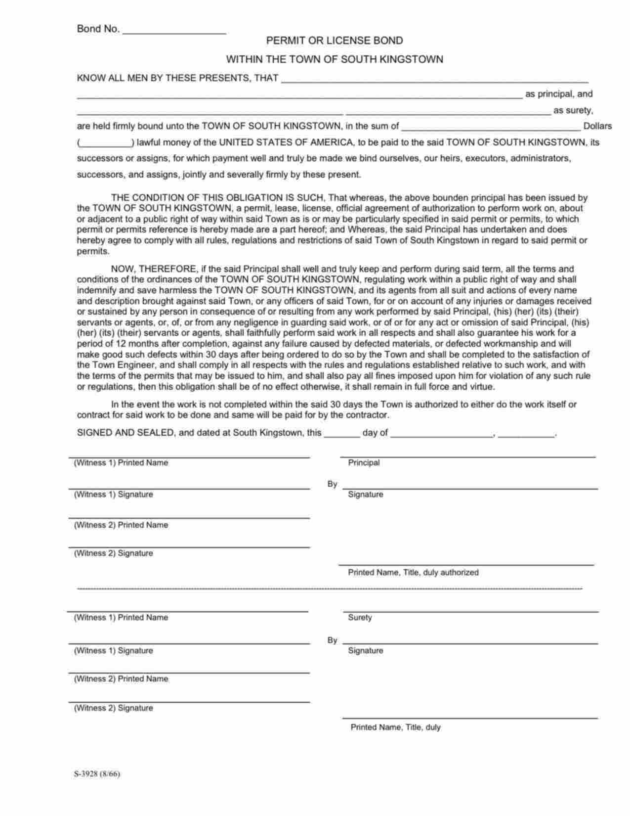 Rhode Island Right of Way Permit Bond Form