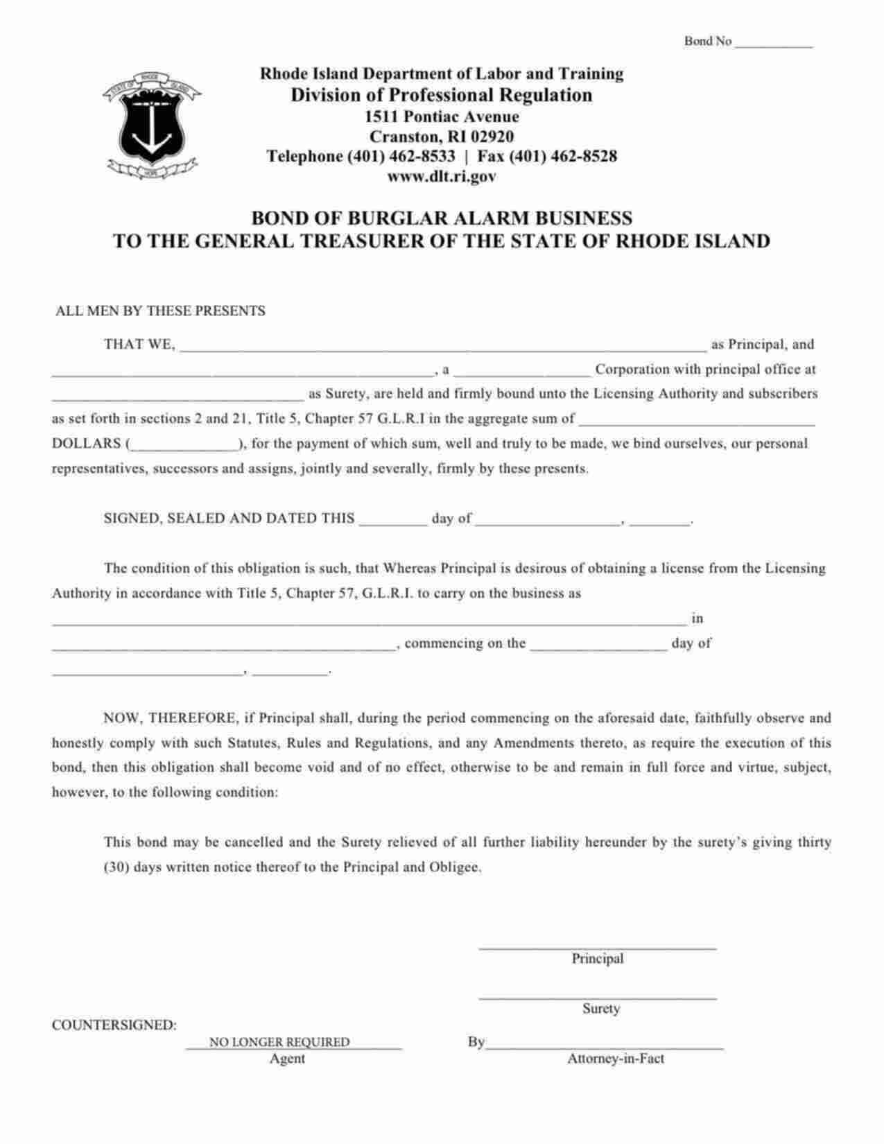 Rhode Island Burglar Alarm Business Bond Form