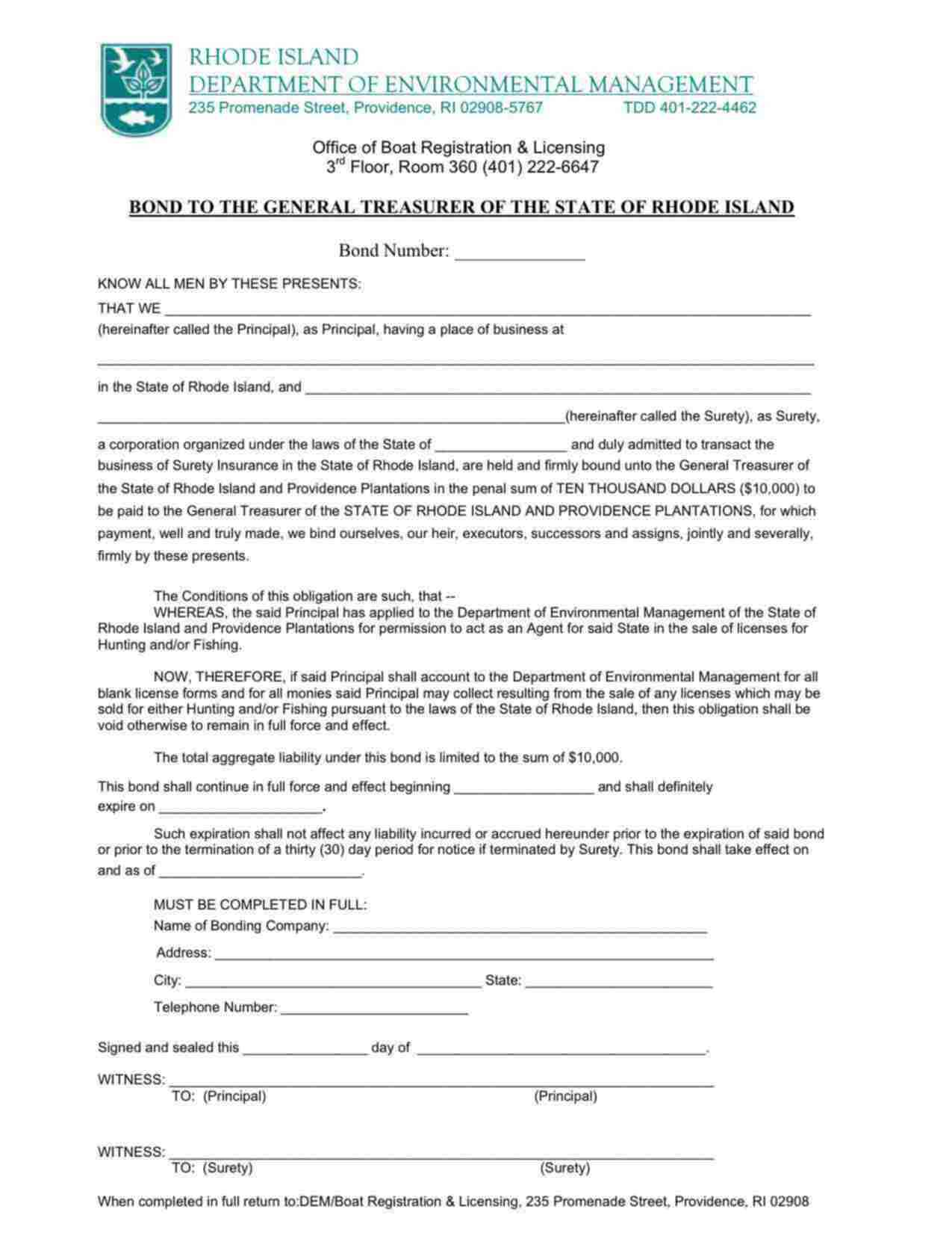 Rhode Island Hunting and/or Fishing License Agent Bond Form